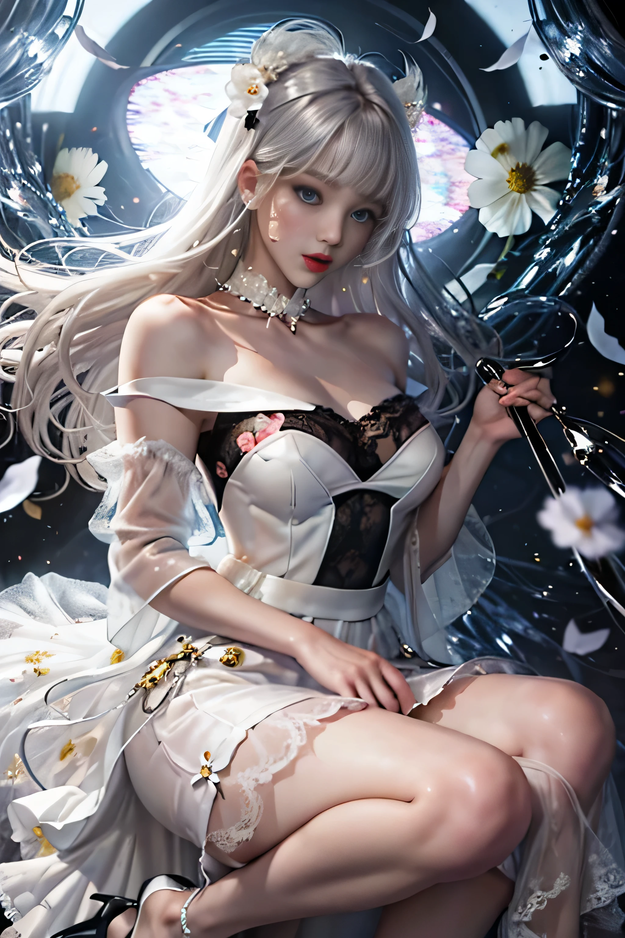 portrait、bright look、young shiny glossy white shiny skin、best looks、ultimate beautiful girl、The most beautiful platinum blonde hair in the world、shiny bright hair,、super long smooth straight hair、shine美しいbangs、shineクリスタルクリアな魅力的な青い目、very beautiful and nice cute girl、medium sized 、(A girl walking along a row of cherry blossom trees)、 silver hair, bangs, 鈍いbangs, long straight hair, aqua eye, long eyelashes, Solid Circle Eye, compensate, open your mouth, blush, parted lips, bright pupils, smiley, enchanting smile, shine, modern、black pantyhogh heels４、（(pure white dress、floral dress、、off shoulder、Panty shot: 、High-rise buildings are hazy in the windows、((my skirt flies in the wind)),((Show me your white lace panties)),((Raisem of the skirt with your hands)),(リフトPanty shot),(Petals are waiting)