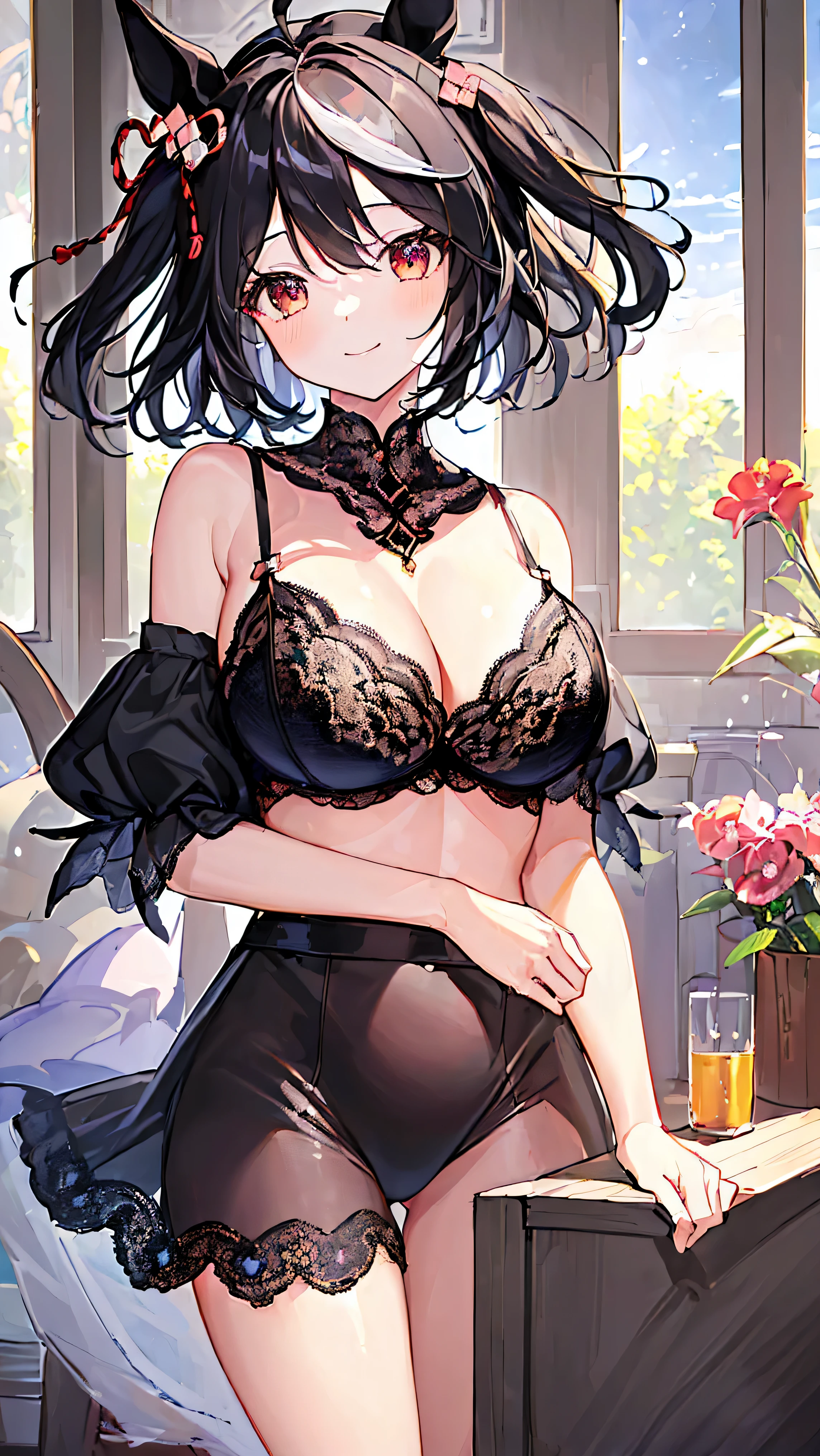 ((masterpiece,highest quality:1.5))、(high quality)、game CG、High resolution image quality、4k、8k、Highest image quality、(pov)、1 girl、Kitasan_black_umamusume、(smile)、animal ears、black hair、short hair、hair ornaments、beautiful breasts、horse tail、lace bra、lace panties