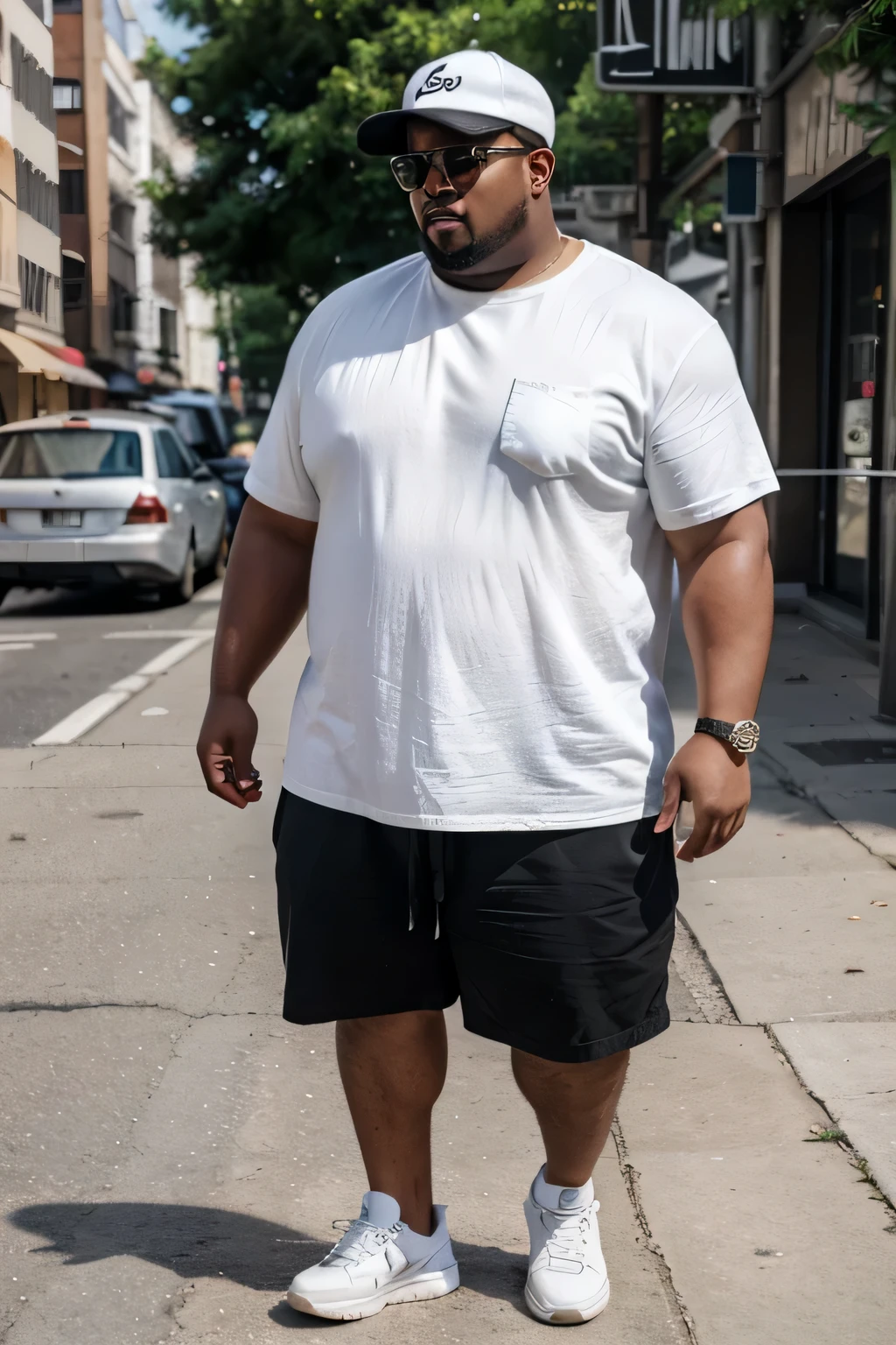 fat american man,300kg,200cm,Pure white loose T-shirt,front,full body image,Black person,black hair,short hair,Wear sunglasses,Insert pocket,shorts, white sneakers,street photography background,Wear a hat,With rings
