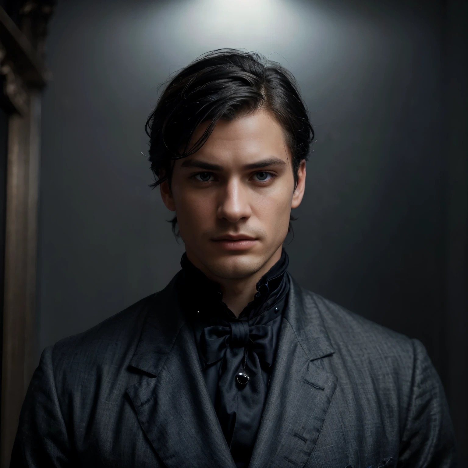 best quality,ultra-detailed,realistic:1.37,portrait,dark,moody,James Herondale,detailed eyes,detailed lips,beautiful detailed face,black hair,serious expression,shadowy background,Victorian era attire,antique jewelry,gentlemanly posture,sleek and stylish,subtle shades of blue and gray,soft and natural lighting