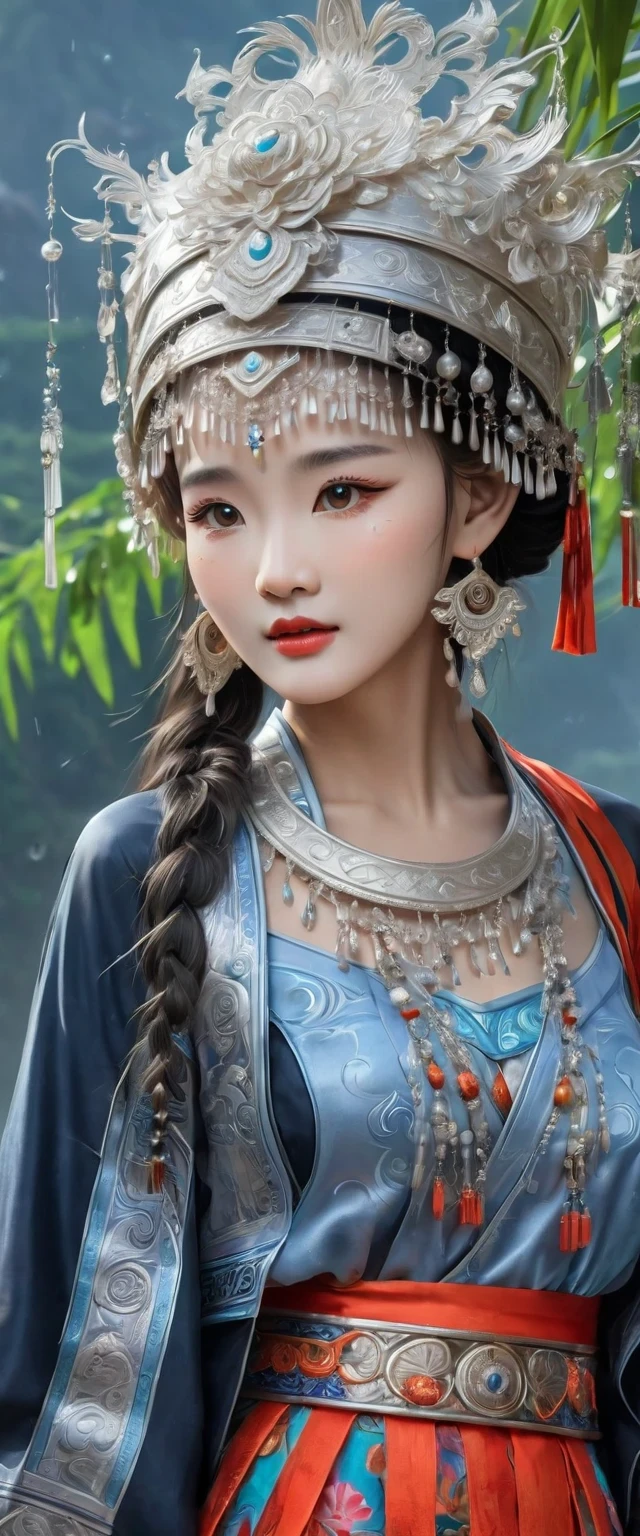 (best quality,8K,masterpiece:1.2),landscape background，Lijiang River mist and rain，Beautiful karst landforms，Astonishing,Inspired by the myths and legends of Guilin, China:Liu Sanjie，Gorgeous Chinese girl,Queen,Detailed skin details,Bright Eyes,Gorgeous eyelashes,barefoot,Stand on a bamboo raft,Dance alone,looking at the audience,minority:1.5,Silver jewelry:1.2,silver hat crown:1.5,silver tassel:1.37,silver necklace,Silver texture,brilho prata,Upper body,long sleeve,dark ethnic wear,long skirt:1.2,waist,Black and red linen fabric details,Characteristics of Miao costumes,totem)