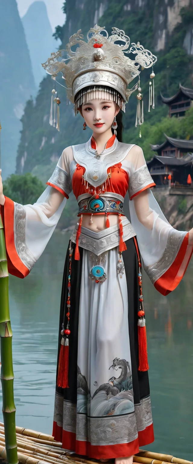 (best quality,8K,masterpiece:1.2),landscape background,Lijiang River mist and rain,Beautiful karst landforms,Astonishing,Inspired by the myths and legends of Guilin, China:Liu Sanjie,Gorgeous Chinese girl,Queen,Detailed skin details,Bright Eyes,Gorgeous eyelashes,barefoot,Stand on a bamboo raft,Dance alone,looking at the audience,minority:1.5,Silver jewelry:1.2,silver hat crown:1.5,silver tassel:1.37,silver necklace,Silver texture,brilho prata,Upper body,long sleeve,dark ethnic wear,long skirt:1.2,waist,Black and red linen fabric details,Characteristics of Miao costumes,totem)