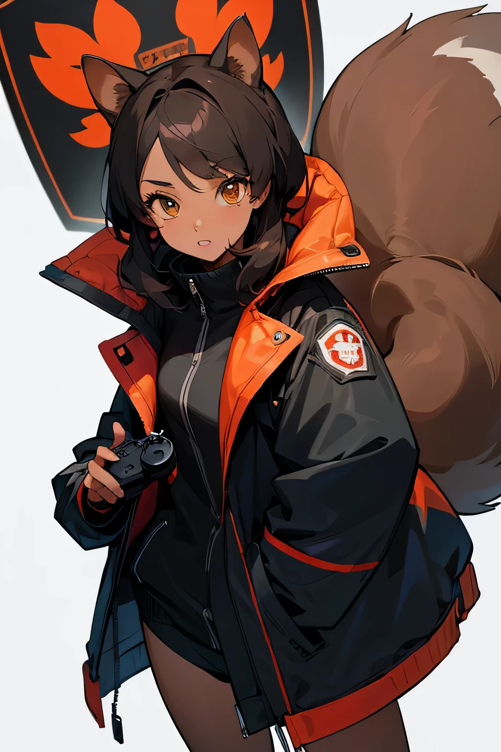 Straight black woman wearing anime squirrel coat holding game controller