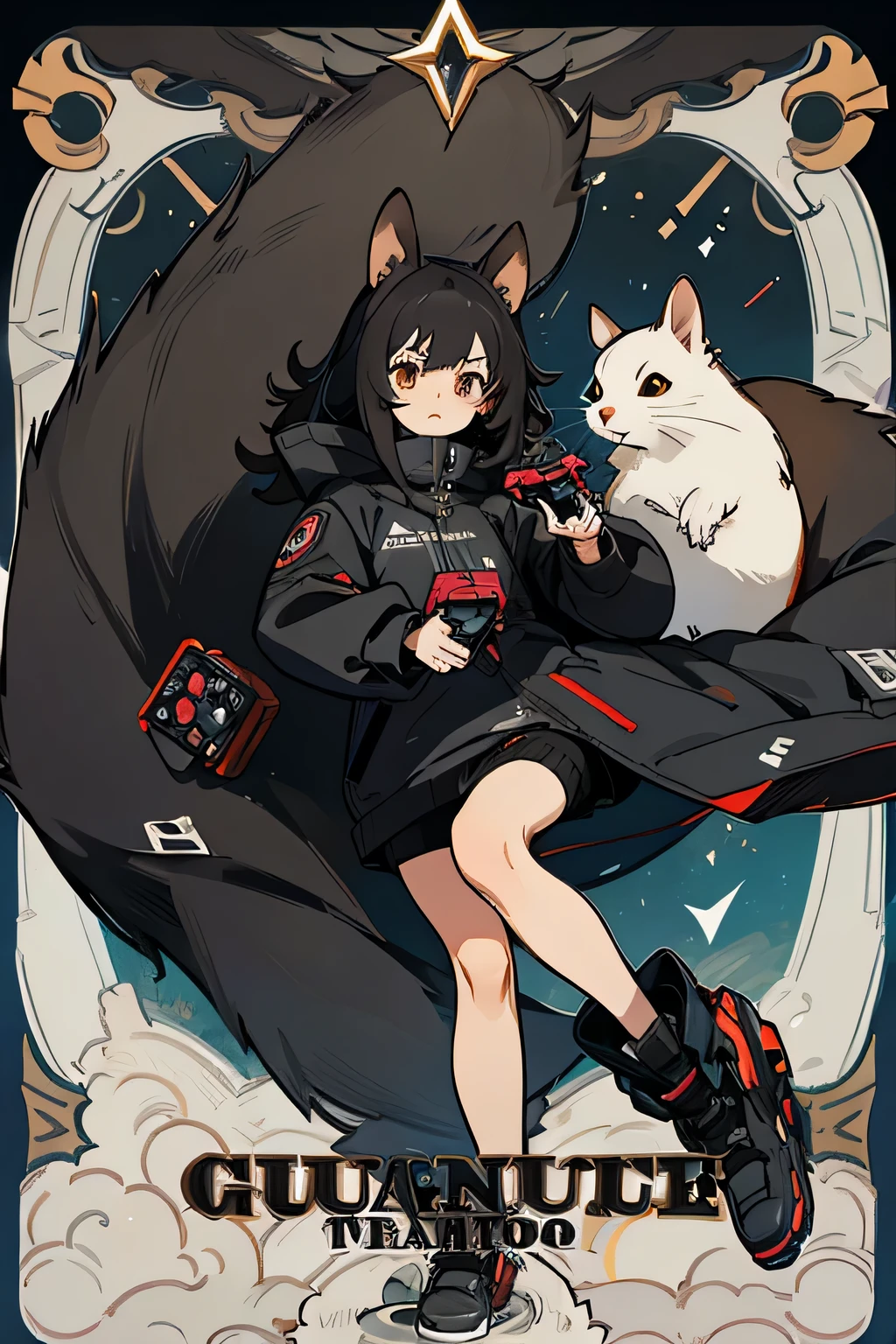 Straight black woman wearing anime squirrel coat holding game controller