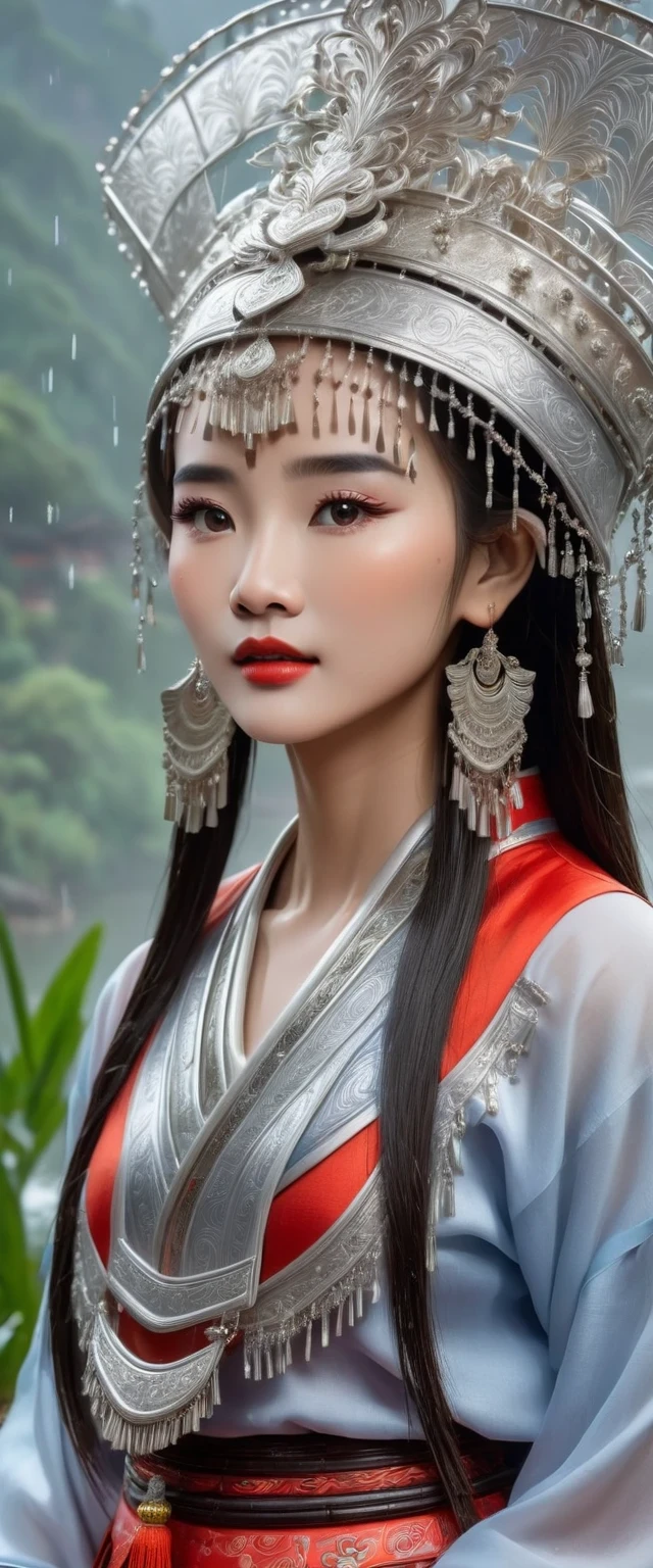 (best quality,8K,masterpiece:1.2),landscape background,Lijiang River mist and rain,Beautiful karst landforms,Astonishing,Inspired by the myths and legends of Guilin, China:Liu Sanjie,Gorgeous Chinese girl,Queen,Detailed skin details,Bright Eyes,Gorgeous eyelashes,barefoot,Stand on a bamboo raft,Dance alone,looking at the audience,minority:1.5,Silver jewelry:1.2,silver hat crown:1.5,silver tassel:1.37,silver necklace,Silver texture,brilho prata,Upper body,long sleeve,dark ethnic wear,long skirt:1.2,waist,Black and red linen fabric details,Characteristics of Miao costumes,totem)