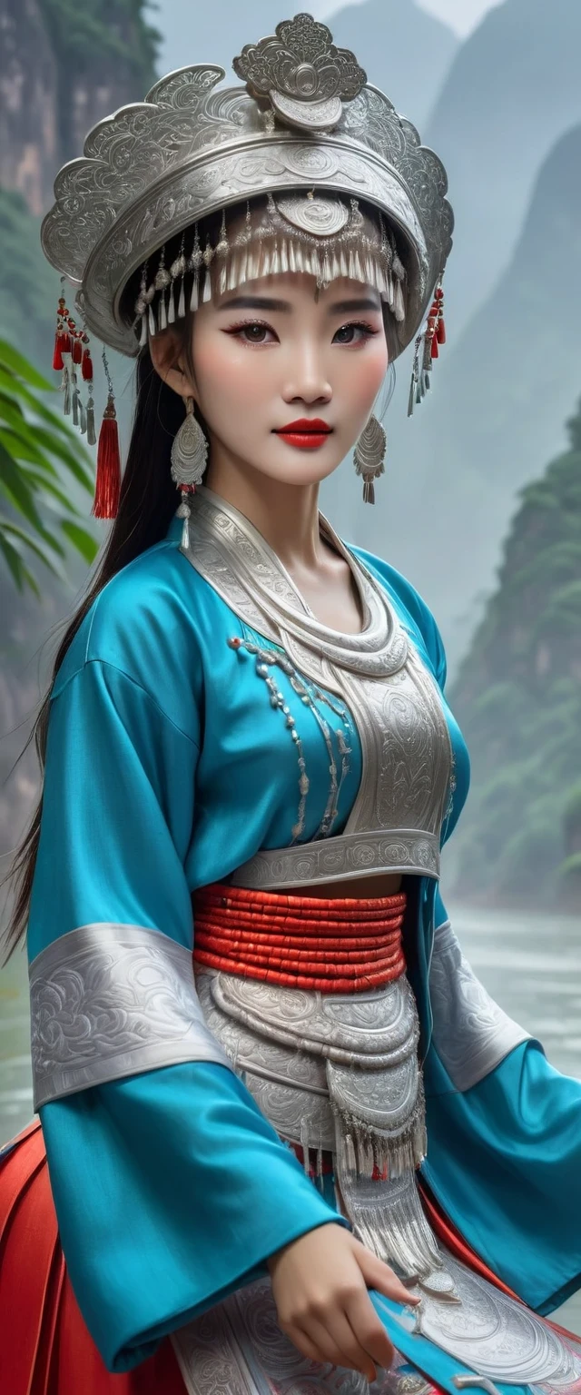 (best quality,8K,masterpiece:1.2),landscape background,Lijiang River mist and rain,Beautiful karst landforms,Astonishing,Inspired by the myths and legends of Guilin, China:Liu Sanjie,Gorgeous Chinese girl,Queen,Detailed skin details,Bright Eyes,Gorgeous eyelashes,barefoot,Stand on a bamboo raft,Dance alone,looking at the audience,minority:1.5,Silver jewelry:1.2,silver hat crown:1.5,silver tassel:1.37,silver necklace,Silver texture,brilho prata,Upper body,long sleeve,dark ethnic wear,long skirt:1.2,waist,Black and red linen fabric details,Characteristics of Miao costumes,totem)