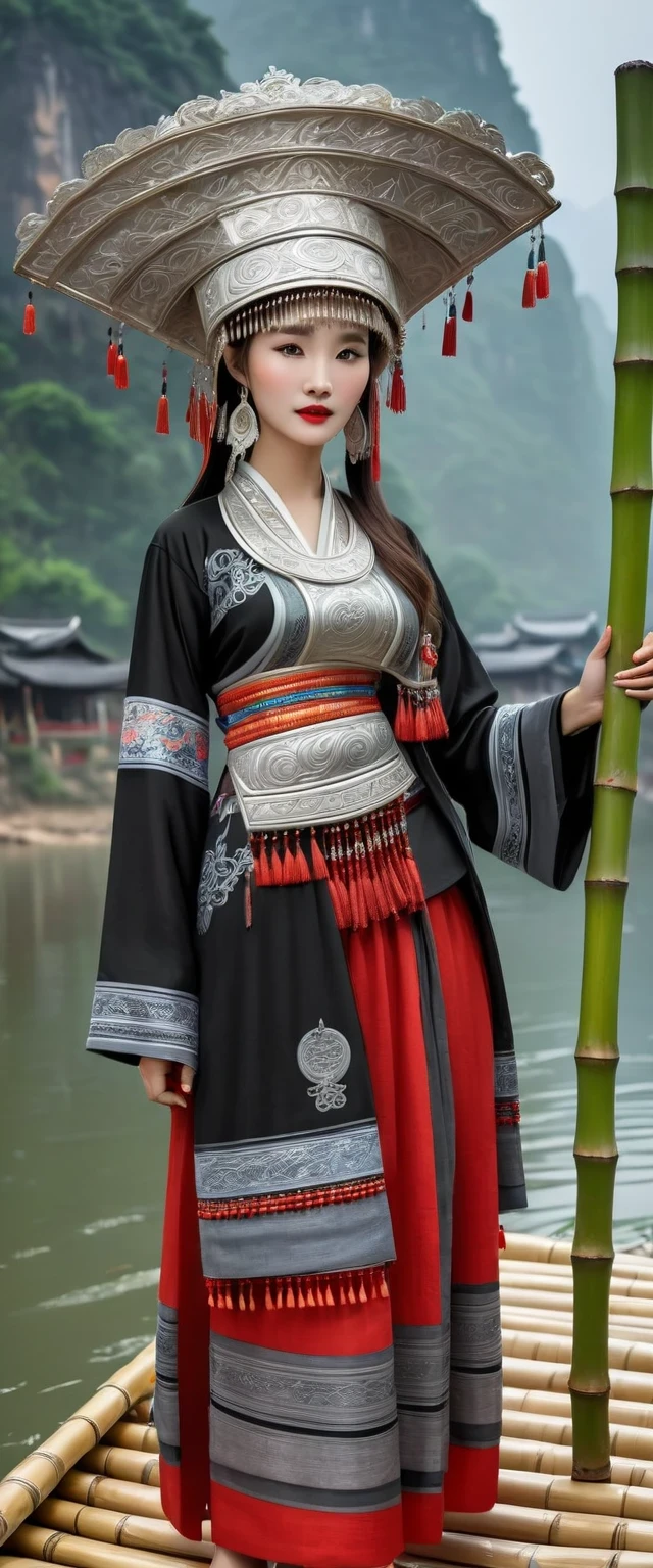 (best quality,8K,masterpiece:1.2),landscape background,Lijiang River mist and rain,Beautiful karst landforms,Astonishing,Inspired by the myths and legends of Guilin, China:Liu Sanjie,Gorgeous Chinese girl,Queen,Detailed skin details,Bright Eyes,Gorgeous eyelashes,barefoot,Stand on a bamboo raft,Dance alone,looking at the audience,minority:1.5,Silver jewelry:1.2,silver hat crown:1.5,silver tassel:1.37,silver necklace,Silver texture,brilho prata,Upper body,long sleeve,dark ethnic wear,long skirt:1.2,waist,Black and red linen fabric details,Characteristics of Miao costumes,totem)