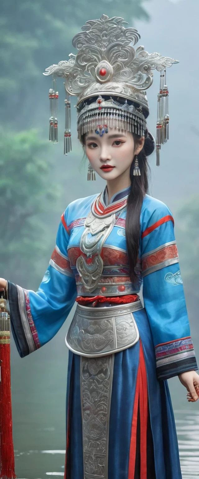 (best quality,8K,masterpiece:1.2),landscape background，Lijiang River mist and rain，Beautiful karst landforms，Astonishing,Inspired by the myths and legends of Guilin, China:Liu Sanjie，Gorgeous Chinese girl,Queen,Detailed skin details,Bright Eyes,Gorgeous eyelashes,barefoot,Stand on a bamboo raft,Dance alone,looking at the audience,minority:1.5,Silver jewelry:1.2,silver hat crown:1.5,silver tassel:1.37,silver necklace,Silver texture,brilho prata,Upper body,long sleeve,dark ethnic wear,long skirt:1.2,waist,Black and red linen fabric details,Characteristics of Miao costumes,totem)