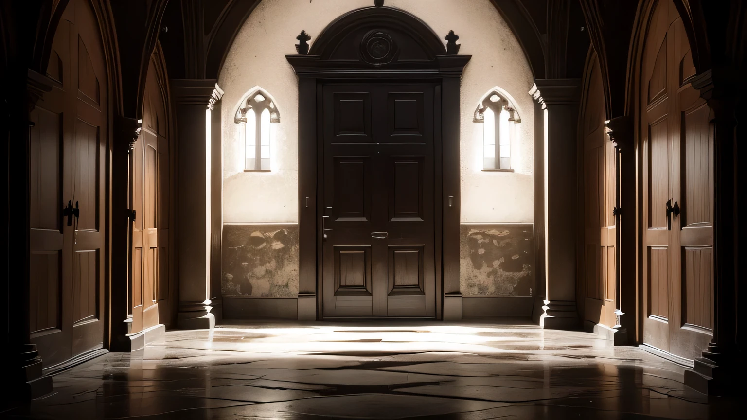 inside of dark old church, overcast, heavy large wood doors in long hallway, stone floors with dusty footprints
