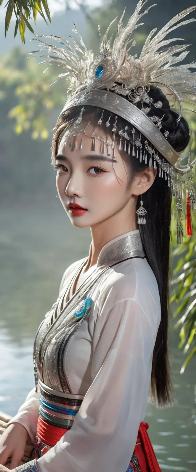 (best quality,8K,masterpiece:1.2),landscape background,Lijiang River mist and rain,Beautiful karst landforms,Astonishing,Inspired by the myths and legends of Guilin, China:Liu Sanjie,Gorgeous Chinese girl,Queen,Detailed skin details,Bright Eyes,Gorgeous eyelashes,barefoot,Stand on a bamboo raft,Dance alone,looking at the audience,minority:1.5,Silver jewelry:1.2,silver hat crown:1.5,silver tassel:1.37,silver necklace,Silver texture,brilho prata,Upper body,long sleeve,dark ethnic wear,long skirt:1.2,waist,Black and red linen fabric details,Characteristics of Miao costumes,totem)