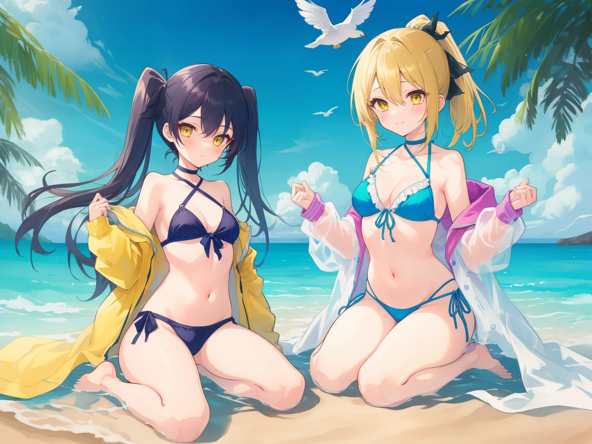 beach, rating:safe, swimsuit, bikini, seagull, bird, ocean, breasts, 2girls, twintails, day, long_hair, navel, outdoors, frilled_bikini, multiple_girls, smile, sand, sky, sitting, horizon, cloud, water, black_bikini, very_long_hair, barefoot, looking_at_viewer, cleavage, medium_breasts, black_hair, blue_sky, bare_shoulders, yellow_eyes, ribbon, blonde_hair, closed_mouth, frills, white_bikini, hair_ribbon, jacket, bangs, side-tie_bikini, collarbone, see-through, between_legs, blush, braid, wariza, cloudy_sky, front-tie_top, long_sleeves, ponytail, eyebrows_visible_through_hair, off_shoulder, halterneck, open_clothes, small_breasts, choker, seiza, hair_between_eyes, feathers
