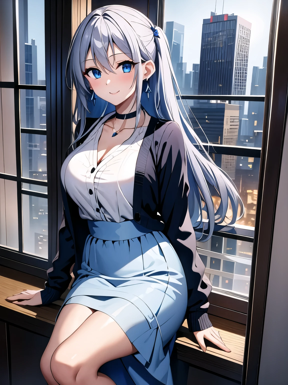 (masterpiece), highest quality, blue eyes, light gray hair, expressive eyes, Horhaya, A room in a high-rise apartment、Admire the night view, night sky, cityscape, looking at the viewer, city lights, window, highlight, dramatic lights, black cardigan、long skirt、indirect lighting、black choker、earrings、white shirt、smiling face