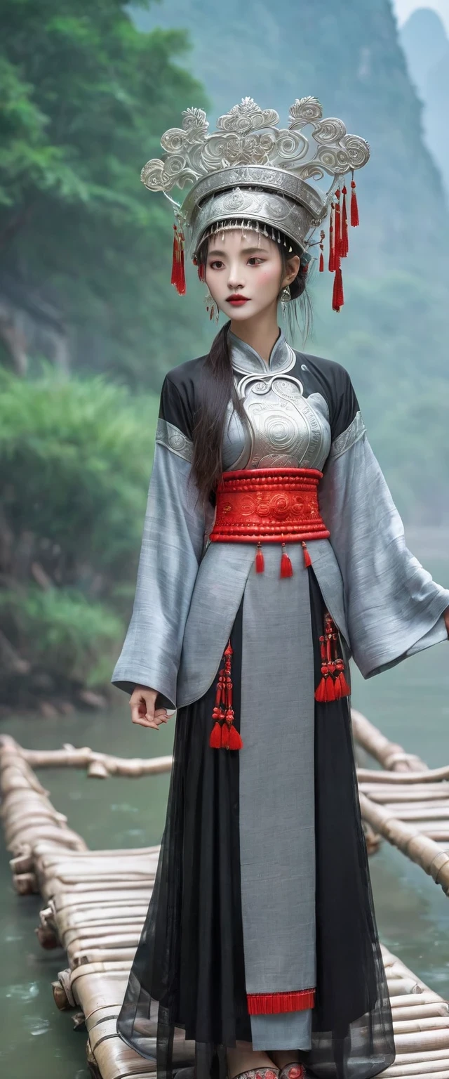 (best quality,8K,masterpiece:1.2),landscape background，Lijiang River mist and rain，Beautiful karst landforms，Astonishing,Inspired by the myths and legends of Guilin, China:Liu Sanjie，Gorgeous Chinese girl,Queen,Detailed skin details,Bright Eyes,Gorgeous eyelashes,barefoot,Stand on a bamboo raft,Dance alone,looking at the audience,minority:1.5,Silver jewelry:1.2,silver hat crown:1.5,silver tassel:1.37,silver necklace,Silver texture,brilho prata,Upper body,long sleeve,dark ethnic wear,long skirt:1.2,waist,Black and red linen fabric details,Characteristics of Miao costumes,totem)