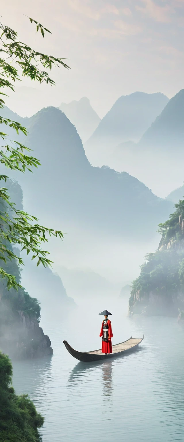 (best quality,8K,masterpiece:1.2),landscape background,Lijiang River mist and rain,Beautiful karst landforms,Astonishing,Inspired by the myths and legends of Guilin, China:Liu Sanjie,Gorgeous Chinese girl,Queen,Detailed skin details,Bright Eyes,Gorgeous eyelashes,barefoot,Stand on a bamboo raft,Dance alone,looking at the audience,minority:1.5,Silver jewelry:1.2,silver hat crown:1.5,silver tassel:1.37,silver necklace,Silver texture,brilho prata,Upper body,long sleeve,dark ethnic wear,long skirt:1.2,waist,Black and red linen fabric details,Characteristics of Miao costumes,totem)