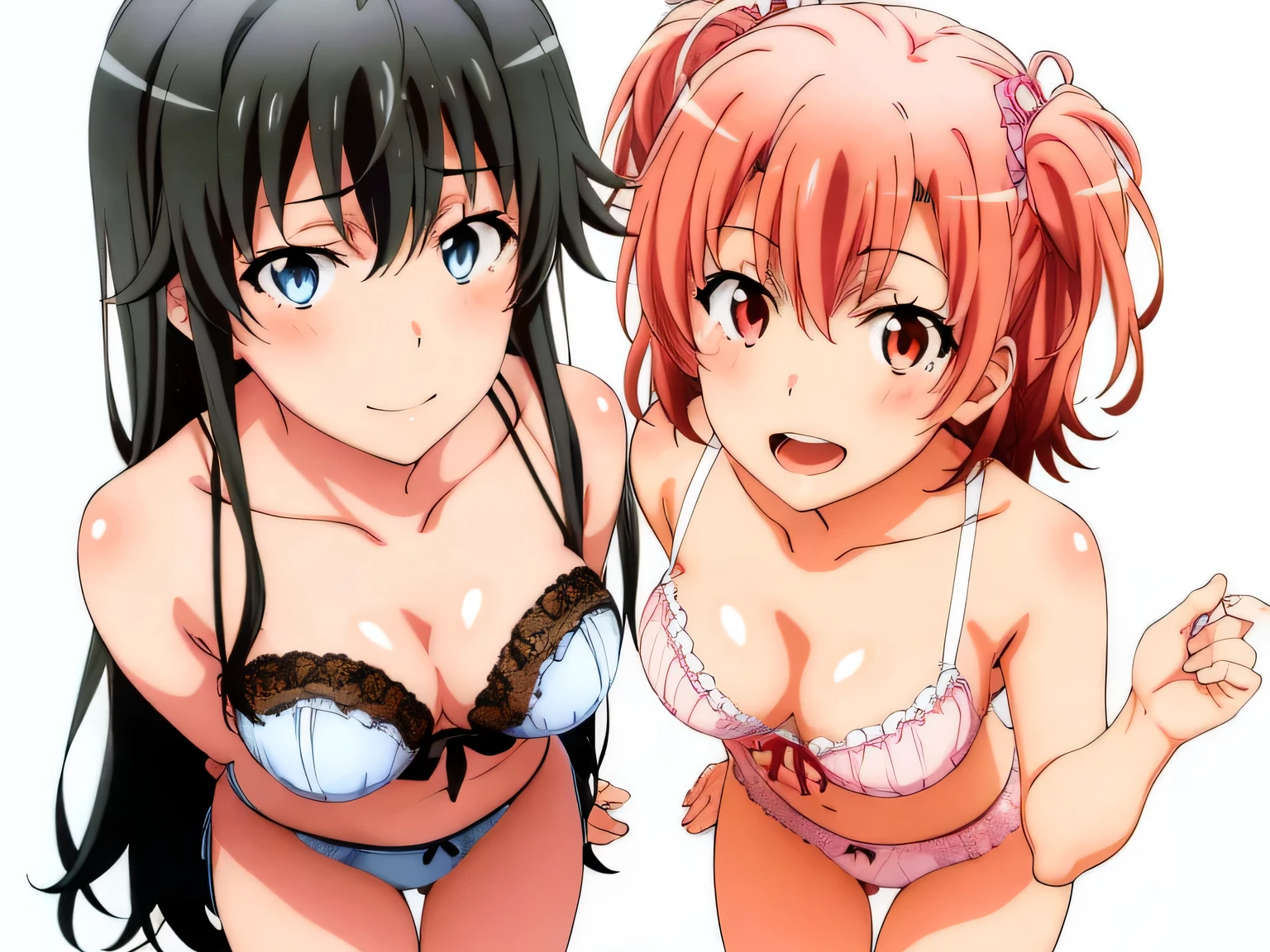2 girls , Yukinoshita Yukino , yuigahama yui'the bust is amazing,In underwear,pin up,light pink panties,red ribbon on panties,white silk panties,pussy line,thighs,(high angle),beautiful eyes,open mouth smile,,Put it on your head