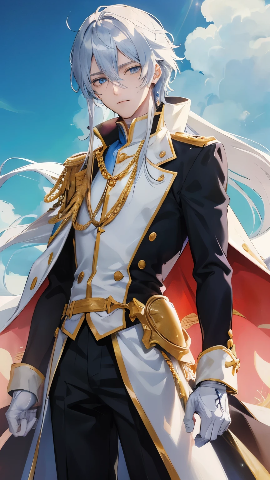 Young and radiant, the anime character's youth shined through in every line of his face, framed by long, silver-straight hair cascading down to his shoulders. His blue eyes, as clear as the summer sky, were fixated on me with an enchanting gaze, reflecting an aura of mystery and allure. Dressed in a fine, fitted uniform, he embodied the epitome of princes from the world of anime. The illustration captured his every detail, from the precision of his facial features to the intricate design of his uniform, leaving me captivated by his charm.
(masterpiece), (best quality), 1 person, looking at me, anime