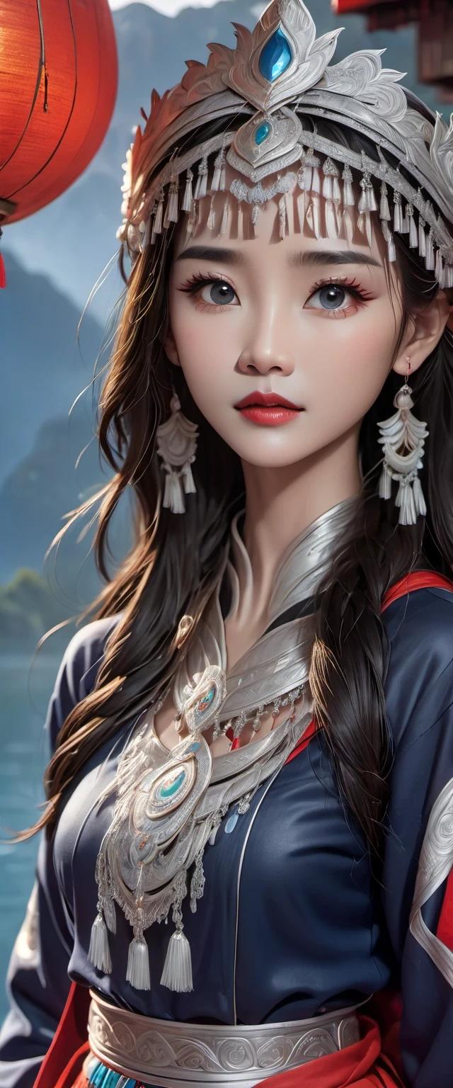 (best quality,8K,masterpiece:1.2),landscape background，Lijiang River mist and rain，Beautiful karst landforms，Astonishing,Inspired by the myths and legends of Guilin, China:Liu Sanjie，Gorgeous Chinese girl,Queen,Detailed skin details,Bright Eyes,Gorgeous eyelashes,barefoot,Stand on a bamboo raft,Dance alone,looking at the audience,minority:1.5,Silver jewelry:1.2,silver hat crown:1.5,silver tassel:1.37,silver necklace,Silver texture,brilho prata,Upper body,long sleeve,dark ethnic wear,long skirt:1.2,waist,Black and red linen fabric details,Characteristics of Miao costumes,totem)