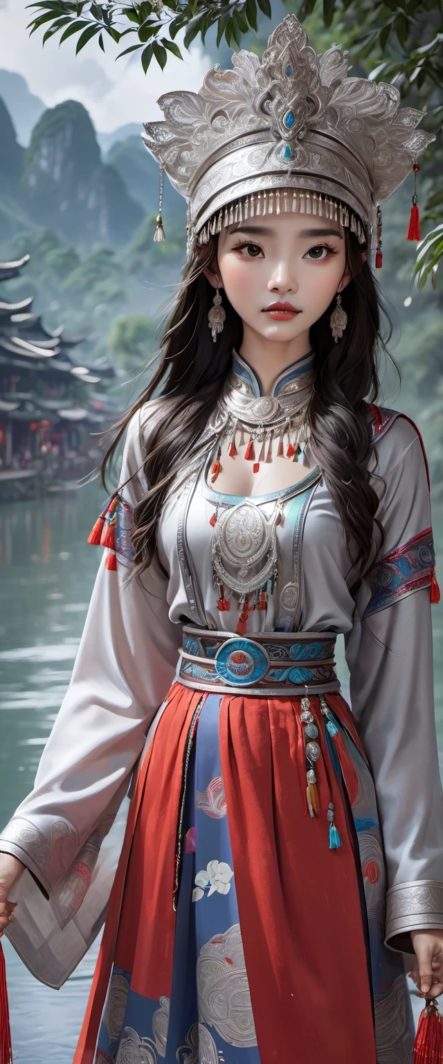 (best quality,8K,masterpiece:1.2),landscape background,Lijiang River mist and rain,Beautiful karst landforms,Astonishing,Inspired by the myths and legends of Guilin, China:Liu Sanjie,Gorgeous Chinese girl,Queen,Detailed skin details,Bright Eyes,Gorgeous eyelashes,barefoot,Stand on a bamboo raft,Dance alone,looking at the audience,minority:1.5,Silver jewelry:1.2,silver hat crown:1.5,silver tassel:1.37,silver necklace,Silver texture,brilho prata,Upper body,long sleeve,dark ethnic wear,long skirt:1.2,waist,Black and red linen fabric details,Characteristics of Miao costumes,totem)