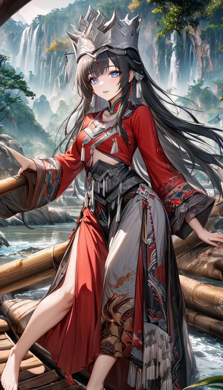 (best quality,8K,masterpiece:1.2),landscape background,Lijiang River mist and rain,Beautiful karst landforms,Astonishing,Inspired by the myths and legends of Guilin, China:Liu Sanjie,Gorgeous Chinese girl,Queen,Detailed skin details,Bright Eyes,Gorgeous eyelashes,barefoot,Stand on a bamboo raft,Dance alone,looking at the audience,minority:1.5,Silver jewelry:1.2,silver hat crown:1.5,silver tassel:1.37,silver necklace,Silver texture,brilho prata,Upper body,long sleeve,dark ethnic wear,long skirt:1.2,waist,Black and red linen fabric details,Characteristics of Miao costumes,totem)