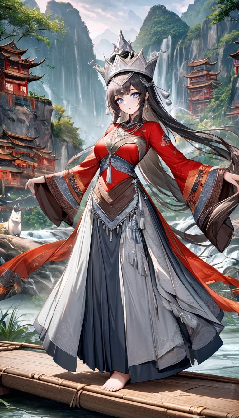 (best quality,8K,masterpiece:1.2),landscape background，Lijiang River mist and rain，Beautiful karst landforms，Astonishing,Inspired by the myths and legends of Guilin, China:Liu Sanjie，Gorgeous Chinese girl,Queen,Detailed skin details,Bright Eyes,Gorgeous eyelashes,barefoot,Stand on a bamboo raft,Dance alone,looking at the audience,minority:1.5,Silver jewelry:1.2,silver hat crown:1.5,silver tassel:1.37,silver necklace,Silver texture,brilho prata,Upper body,long sleeve,dark ethnic wear,long skirt:1.2,waist,Black and red linen fabric details,Characteristics of Miao costumes,totem)