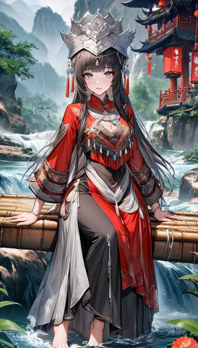 (best quality,8K,masterpiece:1.2),landscape background,Lijiang River mist and rain,Beautiful karst landforms,Astonishing,Inspired by the myths and legends of Guilin, China:Liu Sanjie,Gorgeous Chinese girl,Queen,Detailed skin details,Bright Eyes,Gorgeous eyelashes,barefoot,Stand on a bamboo raft,Dance alone,looking at the audience,minority:1.5,Silver jewelry:1.2,silver hat crown:1.5,silver tassel:1.37,silver necklace,Silver texture,brilho prata,Upper body,long sleeve,dark ethnic wear,long skirt:1.2,waist,Black and red linen fabric details,Characteristics of Miao costumes,totem)