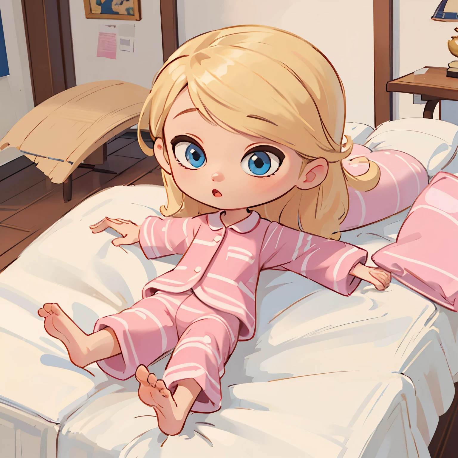 (masterpiece, high quality, best quality:1.3), penny peterson, blue eyes, blonde hair,  ,pink pajamas, lyingpose, on belly, lying, feet up, above, full body, soles extremely detailed, extremely intricate, fine texture, Extremely high-resolution details, detailed hair, sharp focus,