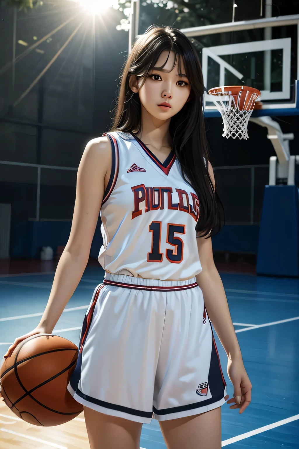 (8k, best quality, masterpiece:1.2), (realistic, photo-realistic:1.37), ultra-detailed,best quality, ultra high res, professional lighting, photon mapping, radiosity, physically-based rendering, cinematic lighting, basketball court,depth of field, sharp focus,sunbeam, good composition,(bokeh:1.2) 1girl,solo,(full body), (closed mouth),beautiful detailed eyes, pose, narrow waist,basketball uniform, black hair,messy hair,long hair floating in wind,(ulzzang-6500:1.2), mix4, hiqcgbody