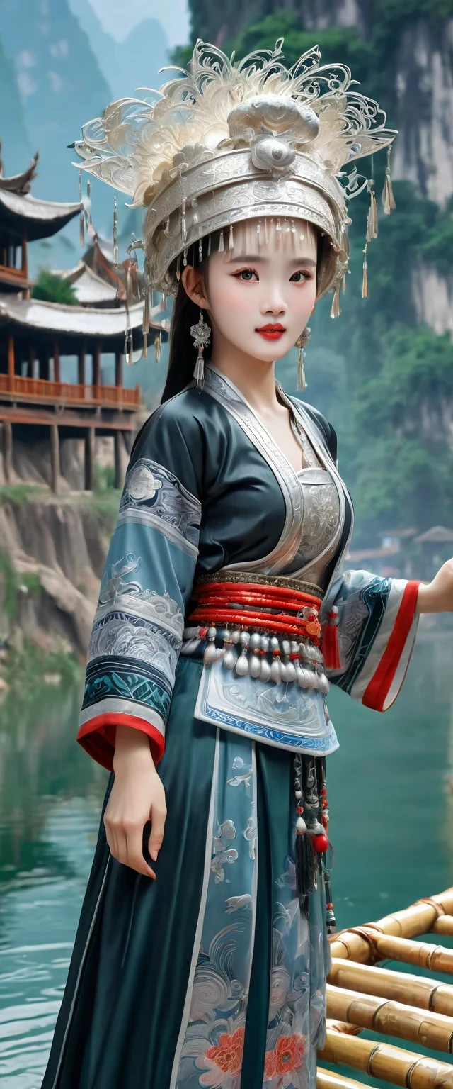 (best quality,8K,masterpiece:1.2),landscape background，Lijiang River mist and rain，Beautiful karst landforms，Astonishing,Inspired by the myths and legends of Guilin, China:Liu Sanjie，Gorgeous Chinese girl,Queen,Detailed skin details,Bright Eyes,Gorgeous eyelashes,barefoot,Stand on a bamboo raft,Dance alone,looking at the audience,minority:1.5,Silver jewelry:1.2,silver hat crown:1.5,silver tassel:1.37,silver necklace,Silver texture,brilho prata,Upper body,long sleeve,dark ethnic wear,long skirt:1.2,waist,Black and red linen fabric details,Characteristics of Miao costumes,totem)