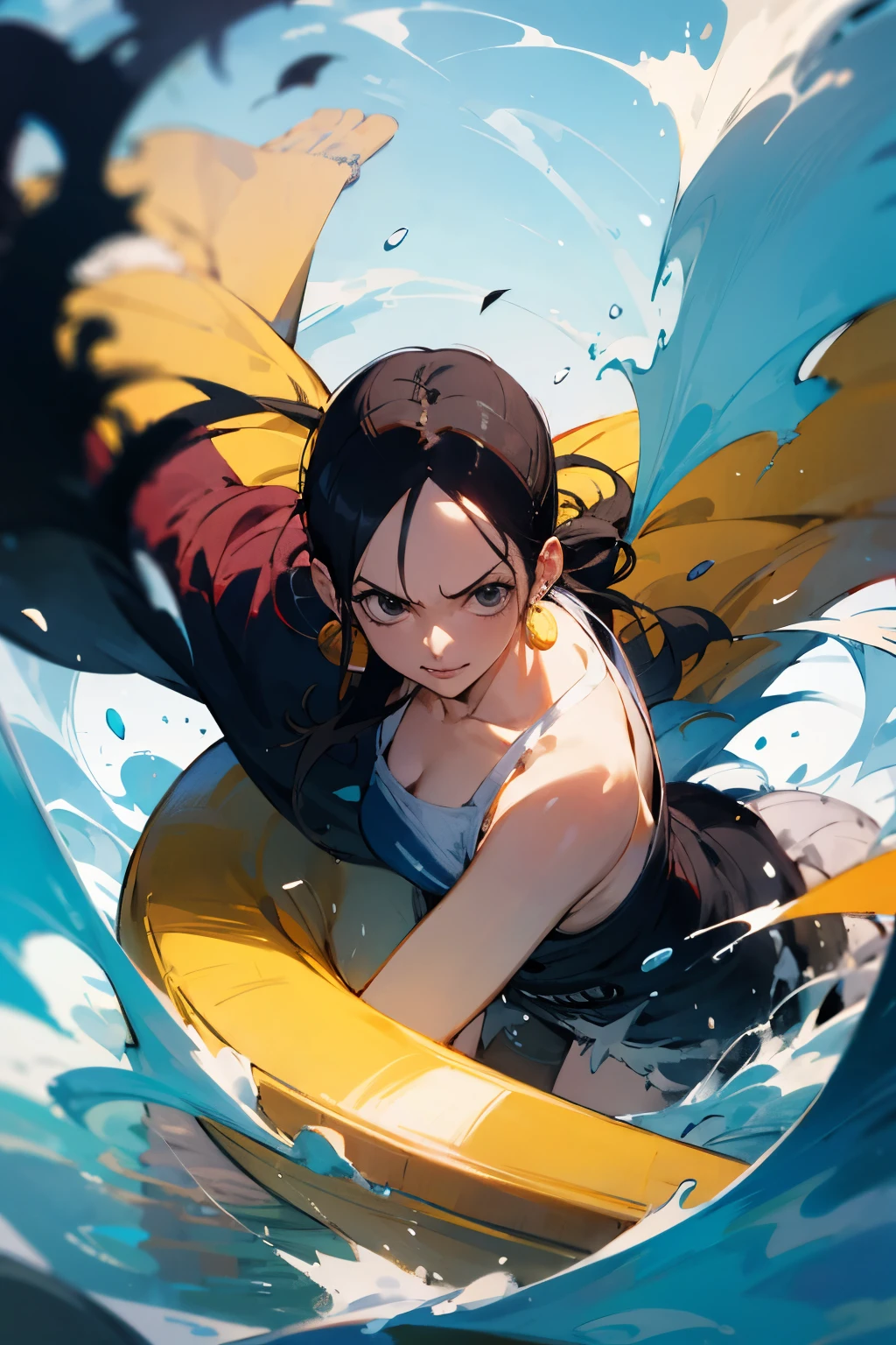 anime girl in a yellow and black outfit riding a surfboard, expressing joy. by Krenz Cushart, Official artwork, trending on artstation pixiv, Artgerm and Atey Ghailan, by Yang J, by Krenz Cushart, official anime work, style of anime4 K, cushart kenz,A woman,(Whole human body:1.2)swoop,Smile with,A soothing expression,pphotorealistic,(masterpaintings,top Quority,optimal quality,offcial art),Heavily detailed,Colorful,Most detailed,length hair,black color hair,seas,necklac,sandbeach,chest muscle,Abs,Surfing,Top view angle,D cups,Muscle lines are pronounced,Muscle contouring