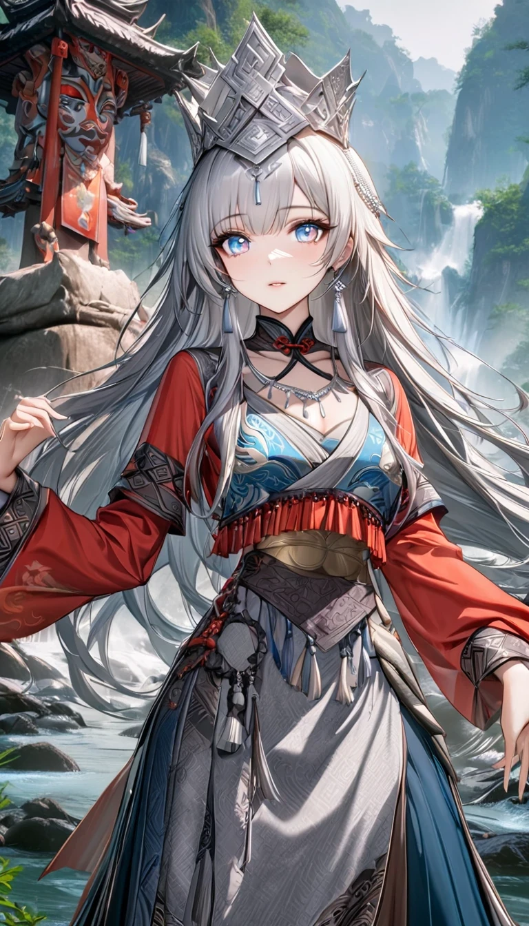 (best quality,8K,masterpiece:1.2),landscape background，Lijiang River mist and rain，Beautiful karst landforms，Astonishing,Inspired by the myths and legends of Guilin, China:Liu Sanjie，Gorgeous Chinese girl,Queen,Detailed skin details,Bright Eyes,Gorgeous eyelashes,Dance alone,looking at the audience,minority:1.5,Silver jewelry:1.2,silver hat crown:1.5,silver tassel:1.37,silver necklace,Silver texture,brilho prata,Upper body,long sleeve,dark ethnic wear,long skirt:1.2,waist,Black and red linen fabric details,Characteristics of Miao costumes,totem)