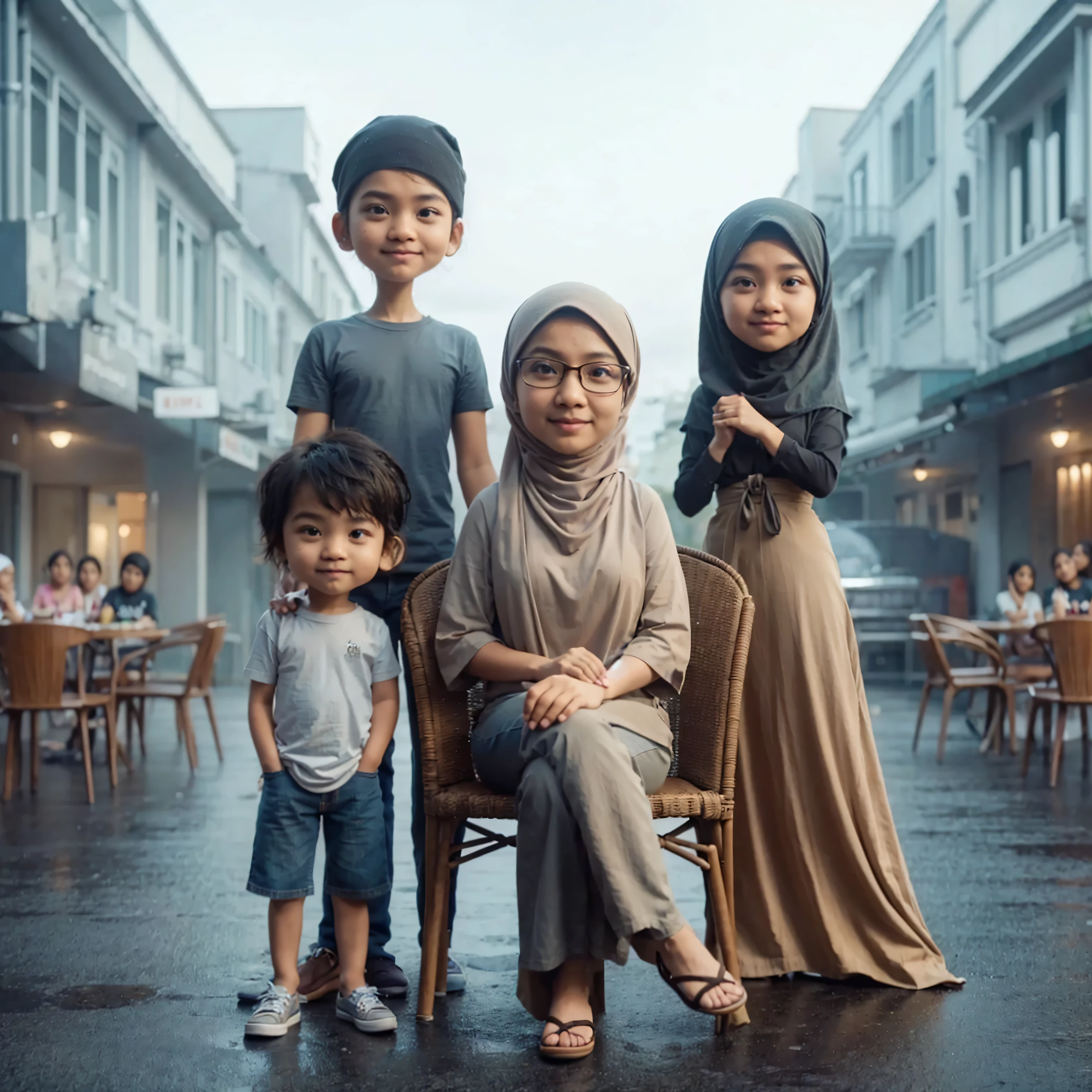 buatkan gambar karikatur 3D disney pixar sebuah keluarga yang terdiri dari seorang ibu berusia 40 tahun memakai hijab berkacamata duduk di kursi dan disamping kanan ibu berdiri anak laki laki berusia 5 tahun memakai pakaian casual, dibelakang ibu berdiri seorang anak laki laki berusia 15 tahun memakai t-shirt casual celana jeans dan seorang anak perempuan berusia 17 tahun memakai rok panjang dan berhijab, latar belakang cafe outdoor, suasana mendung, cinematik, sangat detil, ultra HD,
