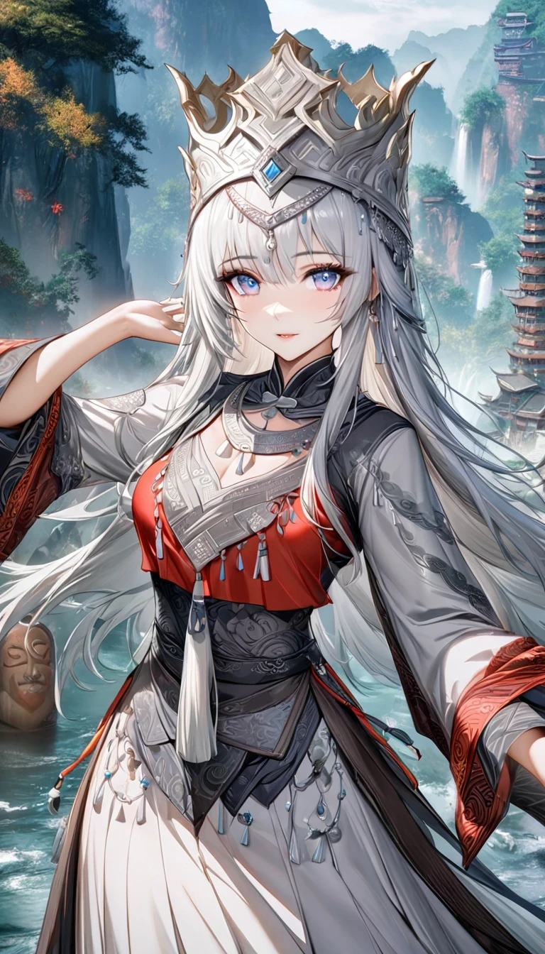 (best quality,8K,masterpiece:1.2),landscape background,Lijiang River mist and rain,Beautiful karst landforms,Astonishing,Inspired by the myths and legends of Guilin, China:Liu Sanjie,Gorgeous Chinese girl,Queen,Detailed skin details,Bright Eyes,Gorgeous eyelashes,Dance alone,looking at the audience,minority:1.5,Silver jewelry:1.2,silver hat crown:1.5,silver tassel:1.37,silver necklace,Silver texture,brilho prata,Upper body,long sleeve,dark ethnic wear,long skirt:1.2,waist,Black and red linen fabric details,Characteristics of Miao costumes,totem)