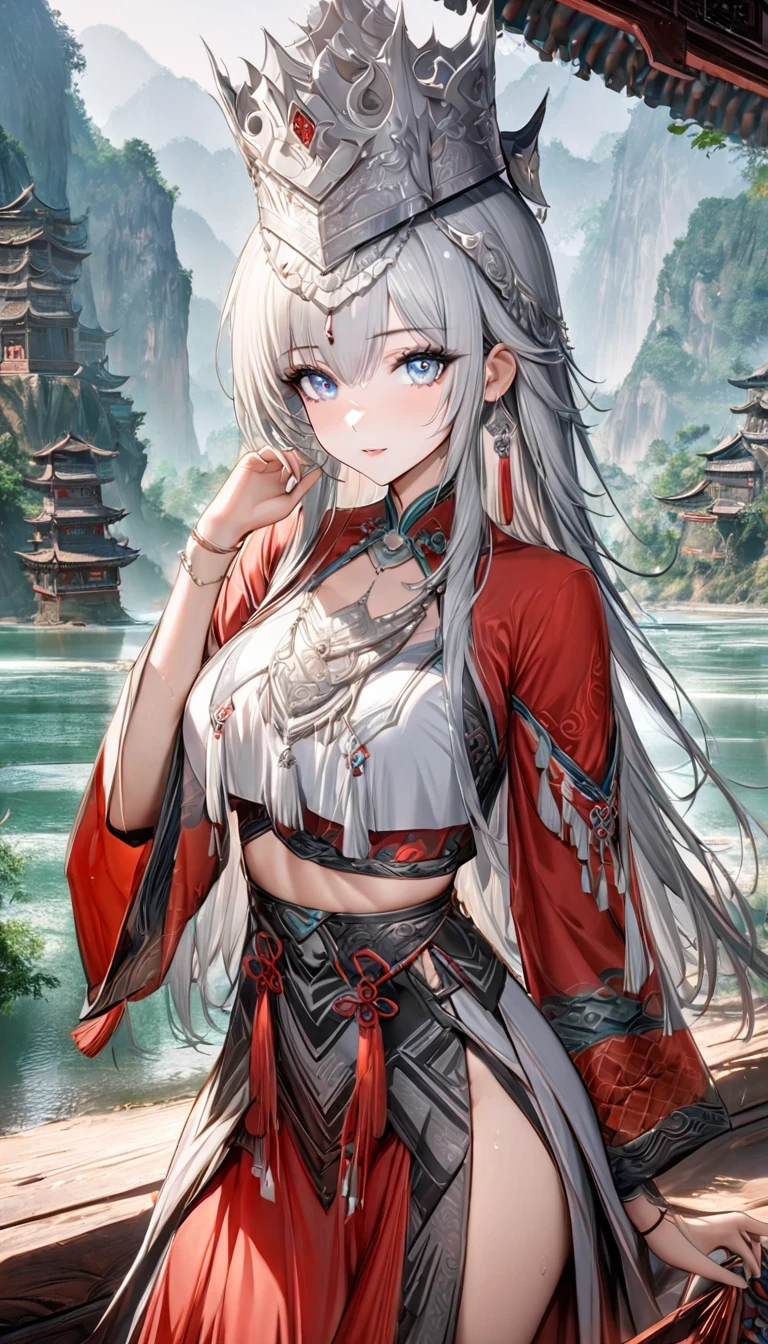 (best quality,8K,masterpiece:1.2),landscape background,Lijiang River mist and rain,Beautiful karst landforms,Astonishing,Inspired by the myths and legends of Guilin, China:Liu Sanjie,Gorgeous Chinese girl,Queen,Detailed skin details,Bright Eyes,Gorgeous eyelashes,Dance alone,looking at the audience,minority:1.5,Silver jewelry:1.2,silver hat crown:1.5,silver tassel:1.37,silver necklace,Silver texture,brilho prata,Upper body,long sleeve,dark ethnic wear,long skirt:1.2,waist,Black and red linen fabric details,Characteristics of Miao costumes,totem)