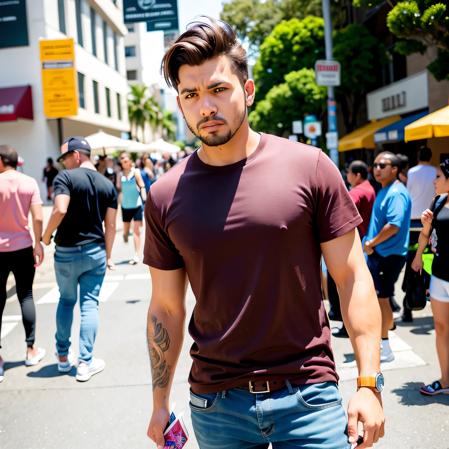 Um homem quase adulto, corpo normal, que gosta de desenhar, medium brown colored hair with lights, estilo de rua, street Surfwear