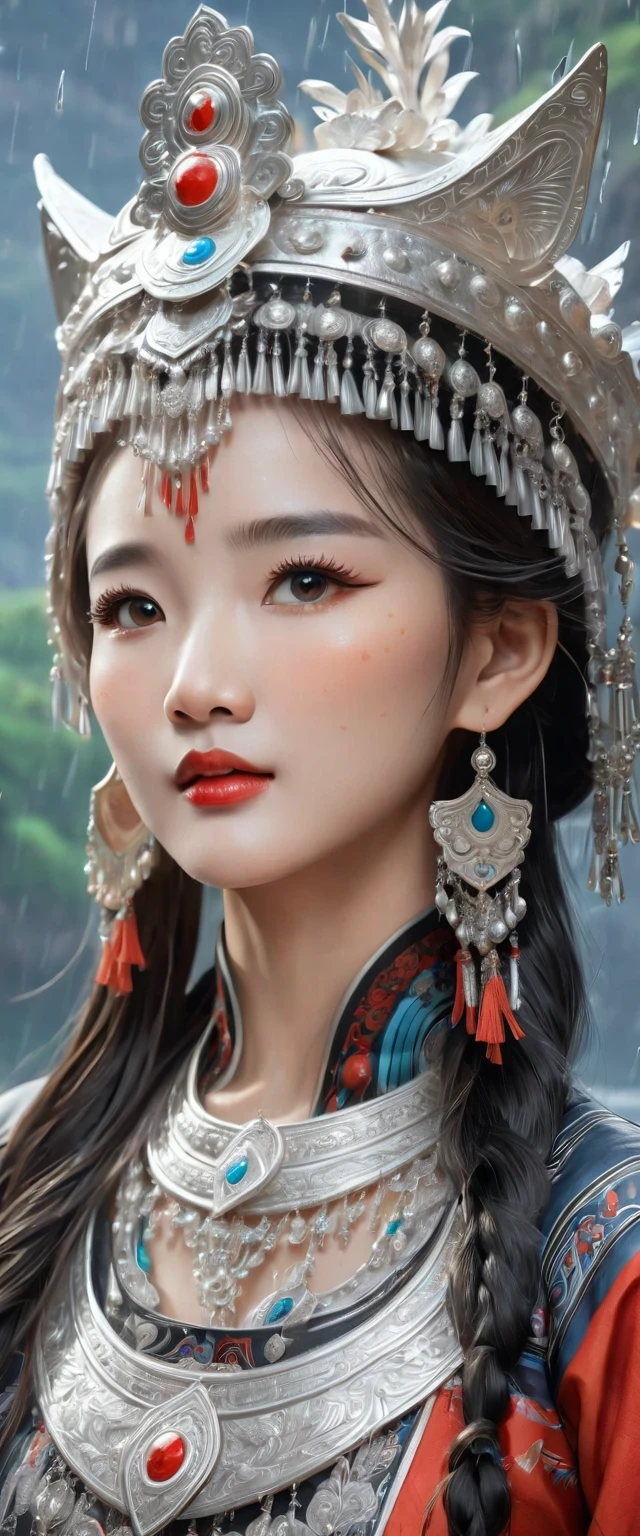 (best quality,8K,masterpiece:1.2),landscape background,Lijiang River mist and rain,Beautiful karst landforms,Astonishing,Inspired by the myths and legends of Guilin, China:Liu Sanjie,Gorgeous Chinese girl,Queen,Detailed skin details,Bright Eyes,Gorgeous eyelashes,Dance alone,looking at the audience,minority:1.5,Silver jewelry:1.2,silver hat crown:1.5,silver tassel:1.37,silver necklace,Silver texture,brilho prata,Upper body,long sleeve,dark ethnic wear,long skirt:1.2,waist,Black and red linen fabric details,Characteristics of Miao costumes,totem)