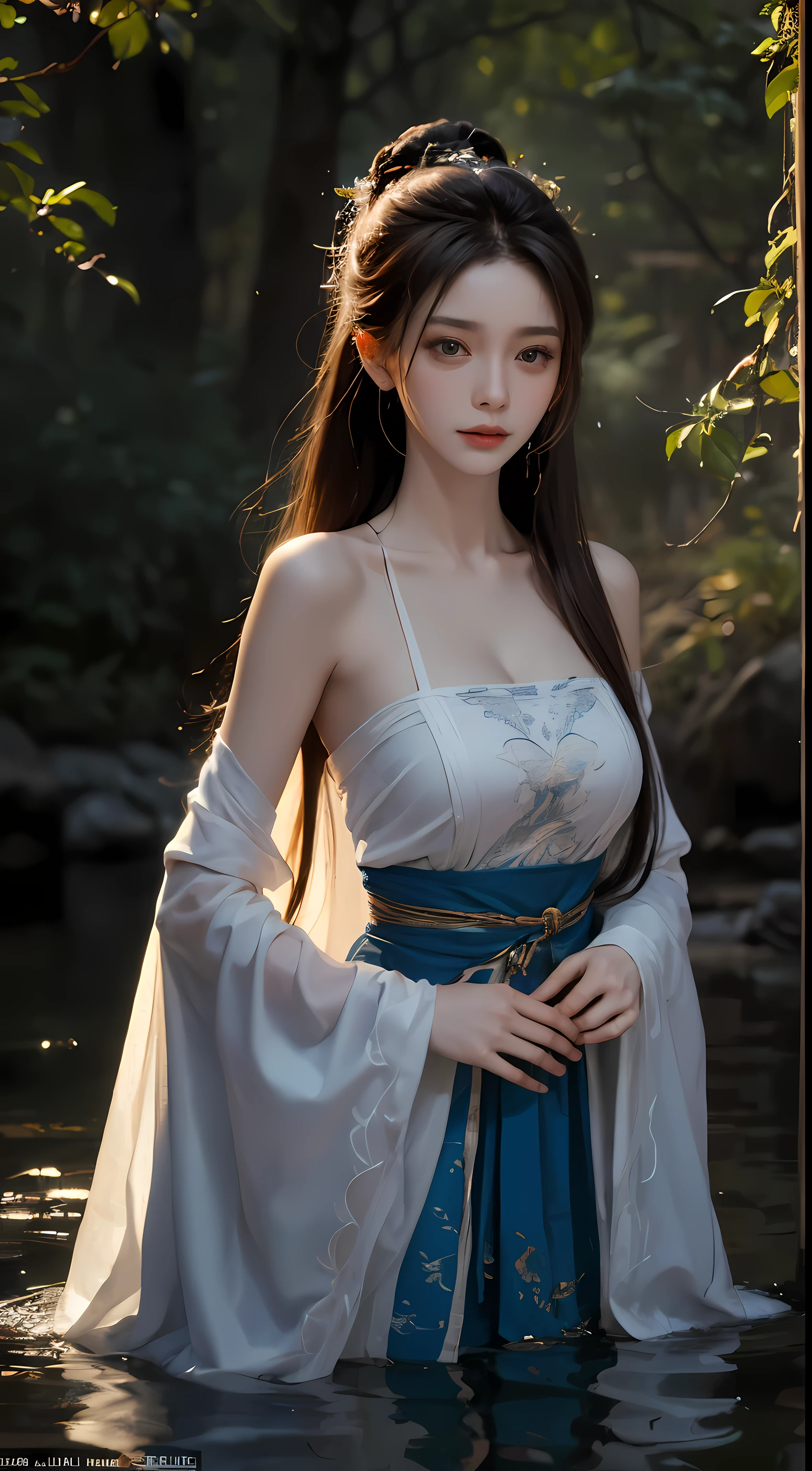 role play style, from_side from_Below is a beautiful and terrifying water-made woman (A sad expression:1.2) woman and (Long water hair:1.2) from水里出来, moss, Smoke and vines stirred the water, firefly, midnight moonLight, backLight (masterpiece:1.2) (best quality) (detailed) (complicated) (8K) (high dynamic range) (wallpaper) (Light) (sharp focus)