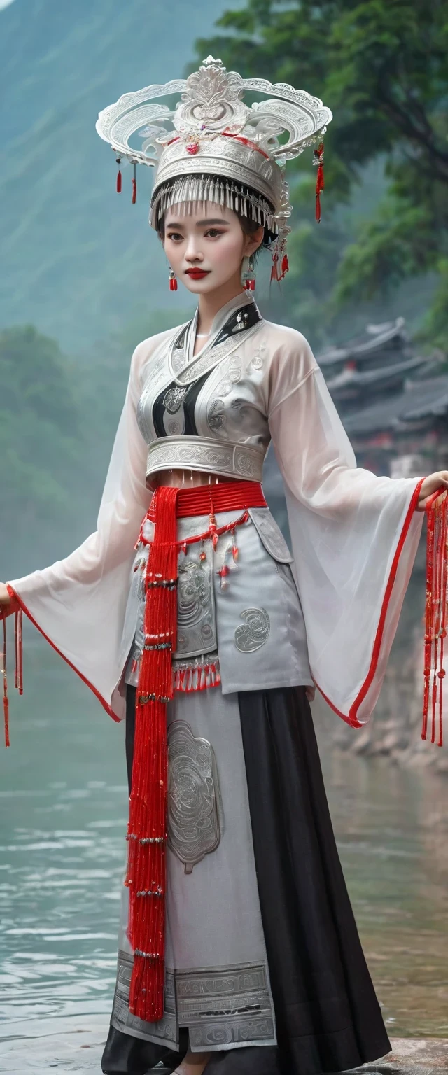 (best quality,8K,masterpiece:1.2),landscape background，Lijiang River mist and rain，Beautiful karst landforms，Astonishing,Inspired by the myths and legends of Guilin, China:Liu Sanjie，Gorgeous Chinese girl,Queen,Detailed skin details,Bright Eyes,Gorgeous eyelashes,Dance alone,looking at the audience,minority:1.5,Silver jewelry:1.2,silver hat crown:1.5,silver tassel:1.37,silver necklace,Silver texture,brilho prata,Upper body,long sleeve,dark ethnic wear,long skirt:1.2,waist,Black and red linen fabric details,Characteristics of Miao costumes,totem)