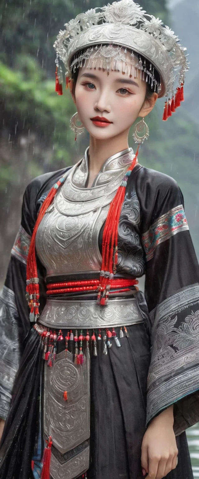 (best quality,8K,masterpiece:1.2),landscape background，Lijiang River mist and rain，Beautiful karst landforms，Astonishing,Inspired by the myths and legends of Guilin, China:Liu Sanjie，Gorgeous Chinese girl,Queen,Detailed skin details,Bright Eyes,Gorgeous eyelashes,Dance alone,looking at the audience,minority:1.5,Silver jewelry:1.2,silver hat crown:1.5,silver tassel:1.37,silver necklace,Silver texture,brilho prata,Upper body,long sleeve,dark ethnic wear,long skirt:1.2,waist,Black and red linen fabric details,Characteristics of Miao costumes,totem)