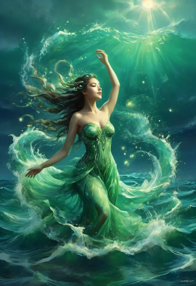 Dance of the Ocean, Goddess of Water(individual) elegant long hair(Basket light green gradient) Dancing in the sea breeze and rolling waves、Splashing waves undulating ocean dance surrealism,The dance of the ocean in a dreamlike night with twinkling stars、Moonlight reflected on the sea. Bright ocean light show. Beautiful artistic illustration. Beautiful and soothing feeling.,Highly detailed fantasy magic concept art that allows people to feel the magic and power of nature in dance, dramatic lighting, Highly detailed HD cinematic close-up of water magic fantasy gorgeous digital art