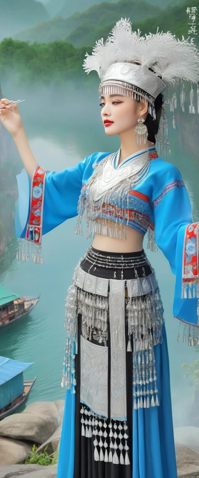 (best quality,8K,masterpiece:1.2),landscape background,Lijiang River mist and rain,Beautiful karst landforms,Astonishing,Inspired by the myths and legends of Guilin, China:Liu Sanjie,Gorgeous Chinese girl,Queen,Detailed skin details,Bright Eyes,Gorgeous eyelashes,Dance alone,looking at the audience,minority:1.5,Silver jewelry:1.2,silver hat crown:1.5,silver tassel:1.37,silver necklace,Silver texture,brilho prata,Upper body,long sleeve,dark ethnic wear,long skirt:1.2,waist,Black and red linen fabric details,Characteristics of Miao costumes,totem)