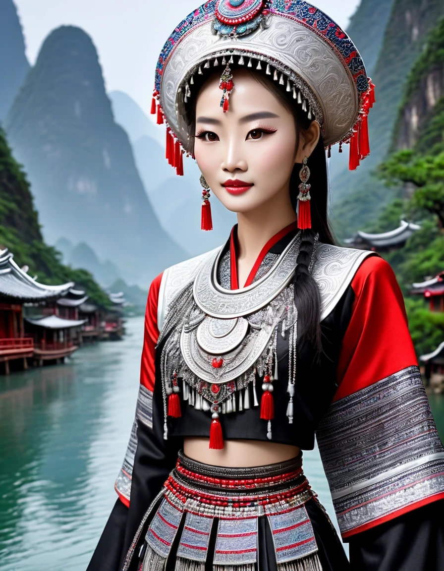 (best quality,8K,masterpiece:1.2),landscape background，Lijiang River mist and rain，Beautiful karst landforms，Astonishing,Inspired by the myths and legends of Guilin, China:Liu Sanjie，Gorgeous Chinese girl,Queen,Detailed skin details,Bright Eyes,Gorgeous eyelashes,Dance alone,looking at the audience,minority:1.5,Silver jewelry:1.2,silver hat crown:1.5,silver tassel:1.37,silver necklace,Silver texture,brilho prata,Upper body,long sleeve,dark ethnic wear,long skirt:1.2,waist,Black and red linen fabric details,Characteristics of Miao costumes,totem)