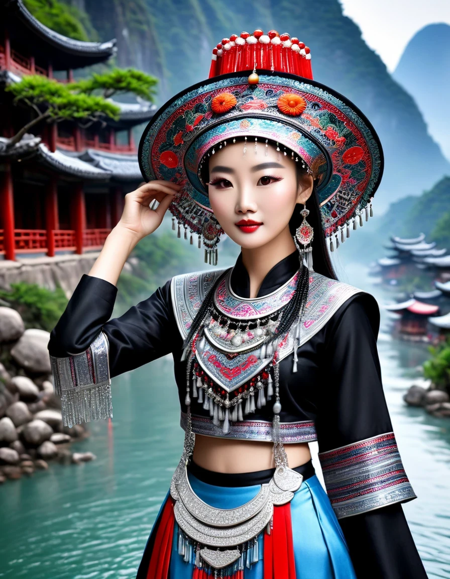 (best quality,8K,masterpiece:1.2),landscape background，Lijiang River mist and rain，Beautiful karst landforms，Astonishing,Inspired by the myths and legends of Guilin, China:Liu Sanjie，Gorgeous Chinese girl,Queen,Detailed skin details,Bright Eyes,Gorgeous eyelashes,Dance alone,looking at the audience,minority:1.5,Silver jewelry:1.2,silver hat crown:1.5,silver tassel:1.37,silver necklace,Silver texture,brilho prata,Upper body,long sleeve,dark ethnic wear,long skirt:1.2,waist,Black and red linen fabric details,Characteristics of Miao costumes,totem)