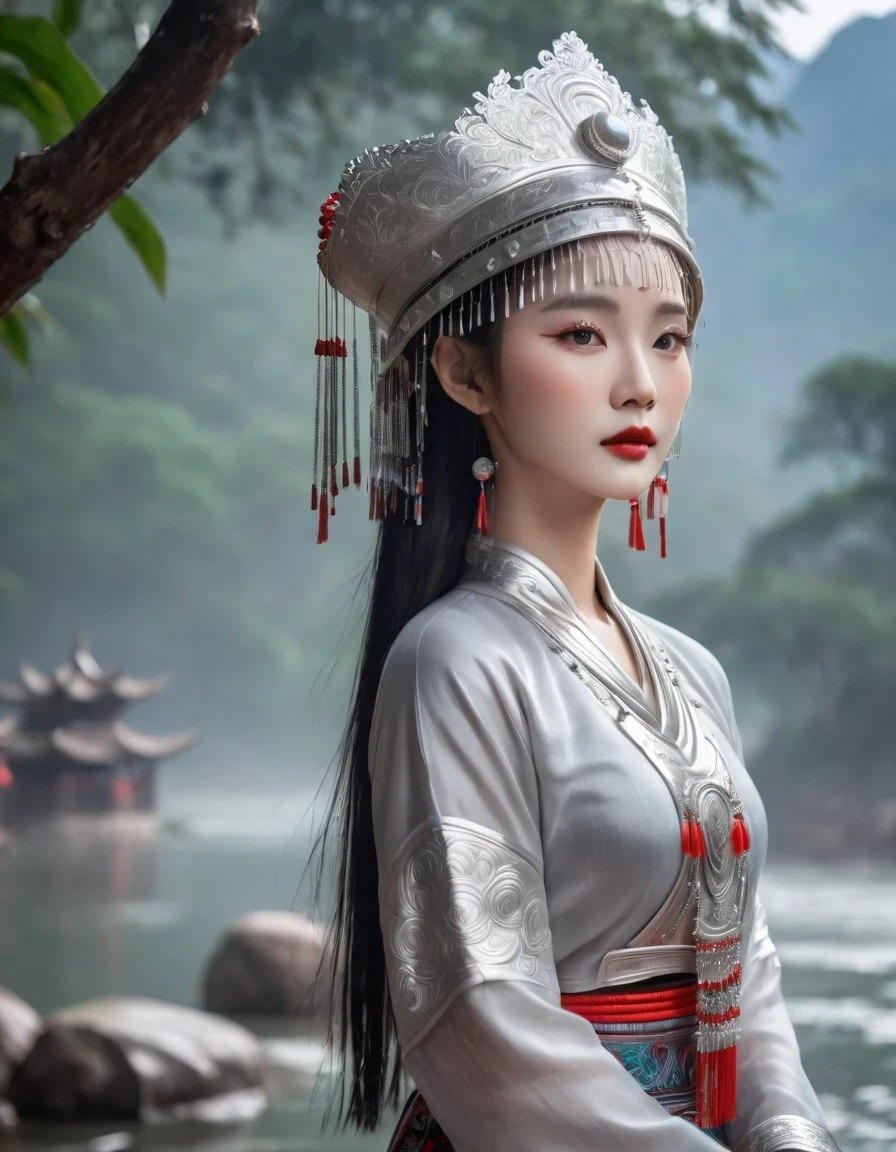 (best quality,8K,masterpiece:1.2),landscape background,Lijiang River mist and rain,Beautiful karst landforms,Astonishing,Inspired by the myths and legends of Guilin, China:Liu Sanjie,Gorgeous Chinese girl,Queen,Detailed skin details,Bright Eyes,Gorgeous eyelashes,Dance alone,looking at the audience,minority:1.5,Silver jewelry:1.2,silver hat crown:1.5,silver tassel:1.37,silver necklace,Silver texture,brilho prata,Upper body,long sleeve,dark ethnic wear,long skirt:1.2,waist,Black and red linen fabric details,Characteristics of Miao costumes,totem)
