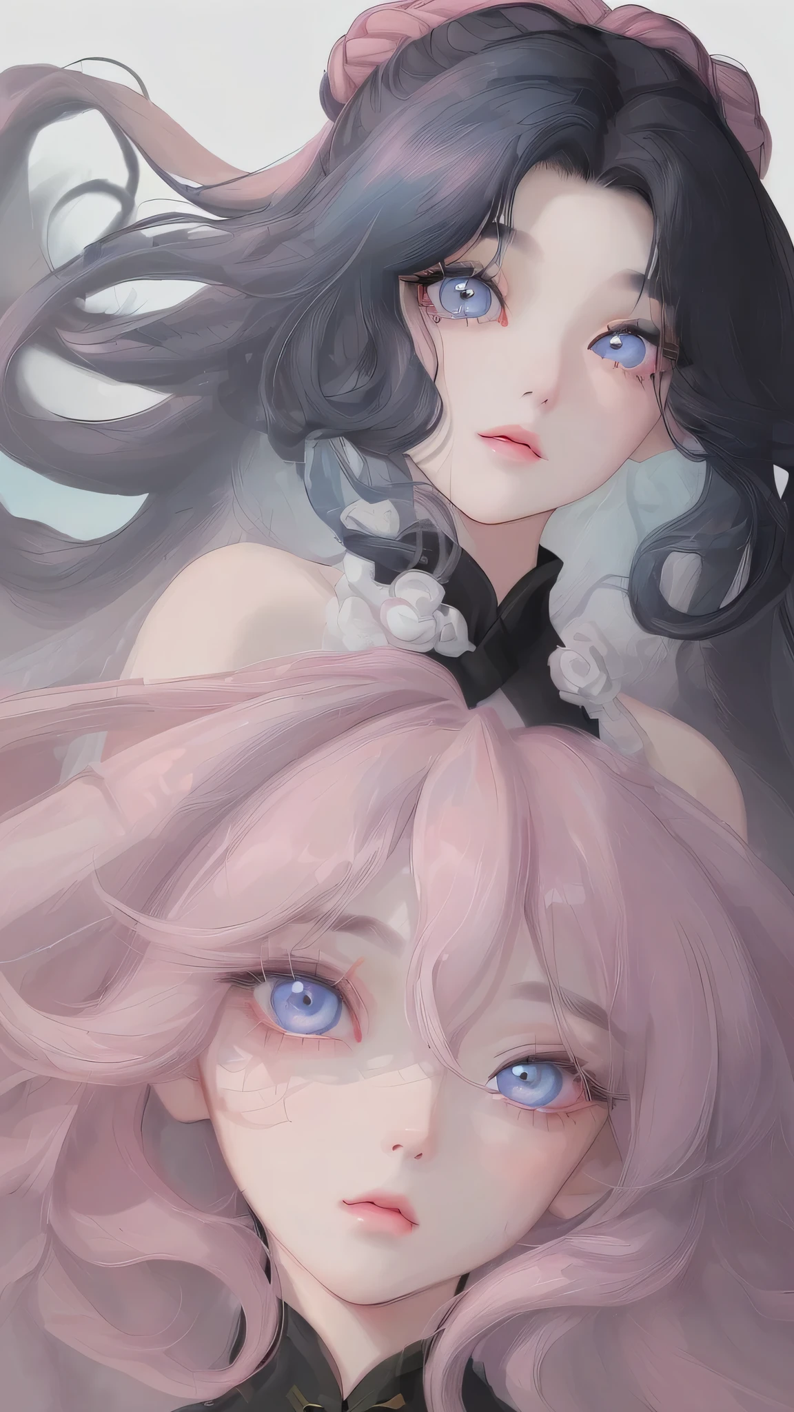 Top quality, very high resolution, beauty 1 woman, long wavy hair, chinese girl with soft face, black hair color, pastel blue eye color, natural pink lips, looking at the viewer, facing the viewer.