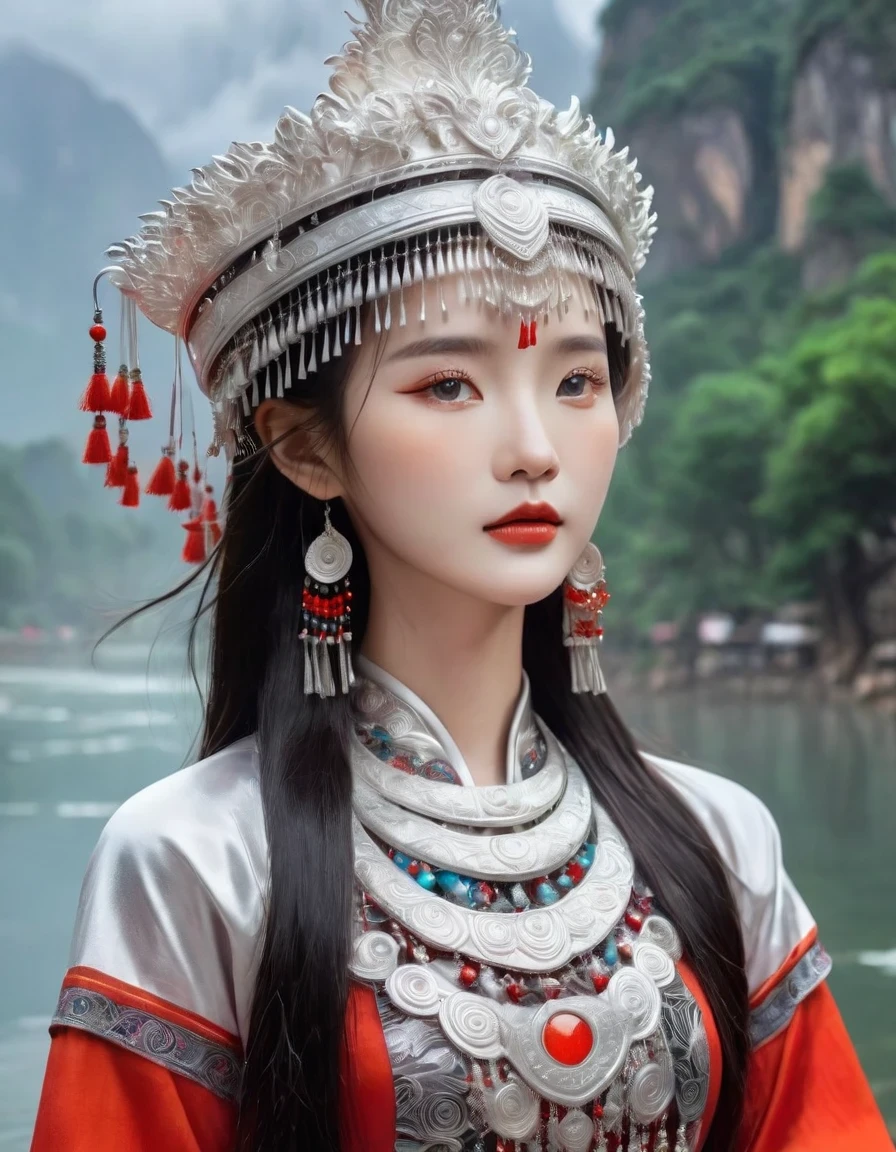 (best quality,8K,masterpiece:1.2),landscape background,Lijiang River mist and rain,Beautiful karst landforms,Astonishing,Inspired by the myths and legends of Guilin, China:Liu Sanjie,Gorgeous Chinese girl,Queen,Detailed skin details,Bright Eyes,Gorgeous eyelashes,Dance alone,looking at the audience,minority:1.5,Silver jewelry:1.2,silver hat crown:1.5,silver tassel:1.37,silver necklace,Silver texture,brilho prata,Upper body,long sleeve,dark ethnic wear,long skirt:1.2,waist,Black and red linen fabric details,Characteristics of Miao costumes,totem)