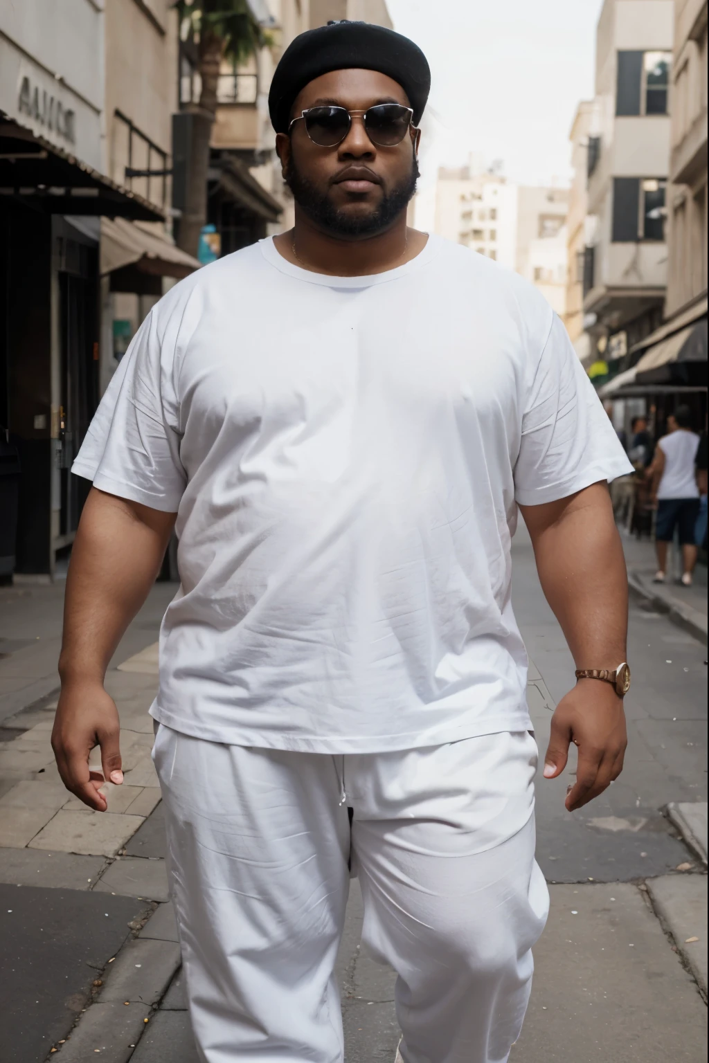 midi top,Pure white loose T-shirt,,trousers,huge,fat,american man,full-body shot,Black person,black hair,short hair,Wear sunglasses,street background,Wear a hat