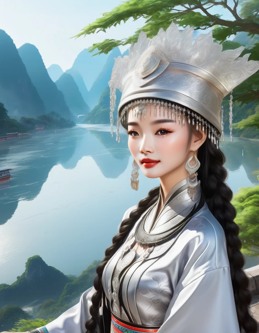 (best quality,8K,masterpiece:1.2),landscape background，Lijiang River mist and rain，Beautiful karst landforms，Astonishing,Inspired by the myths and legends of Guilin, China:Liu Sanjie，Gorgeous Chinese girl,Queen,Detailed skin details,Bright Eyes,Gorgeous eyelashes,Dance alone,looking at the audience,minority:1.5,Silver jewelry:1.2,silver hat crown:1.5,silver tassel:1.37,silver necklace,Silver texture,brilho prata,Upper body,long sleeve,dark ethnic wear,long skirt:1.2,waist,Black and red linen fabric details,Characteristics of Miao costumes,totem)
