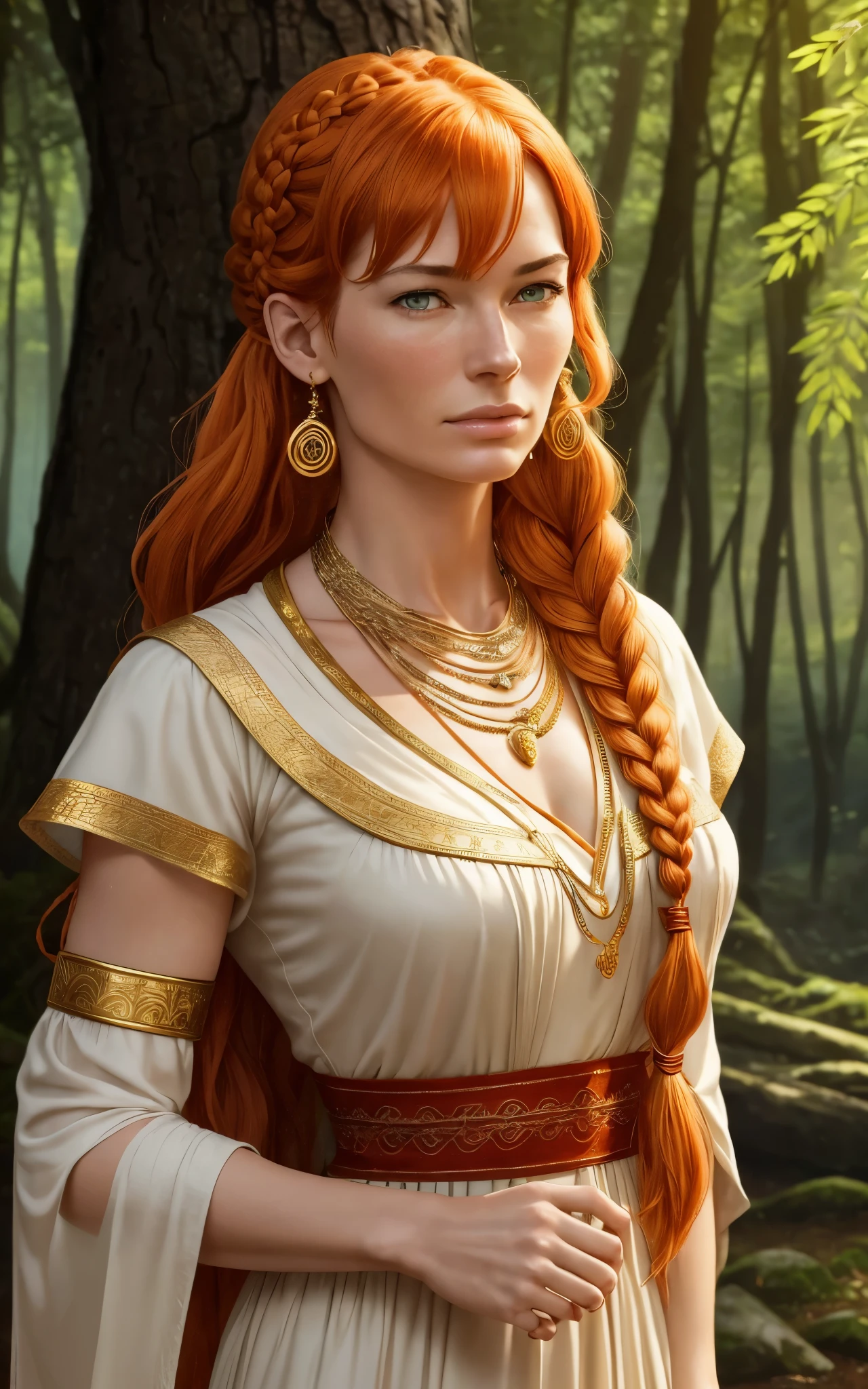 Flamme, (young Lena Headey:Evangeline Lilly), A 35-year-old woman with orange hair, green eyes, sideburns, one large braid, a gold necklace with a ruby pendant, dressed in a white Greek tunic and Roman sandals, with gold bracelets on her arms, forest in the background, masterpiece, hyperdetailed,((1girl)) ,bangs,braided ponytail,single braid,orange hair,very long hair,sidelocks,red earrings,hair over one eye,

