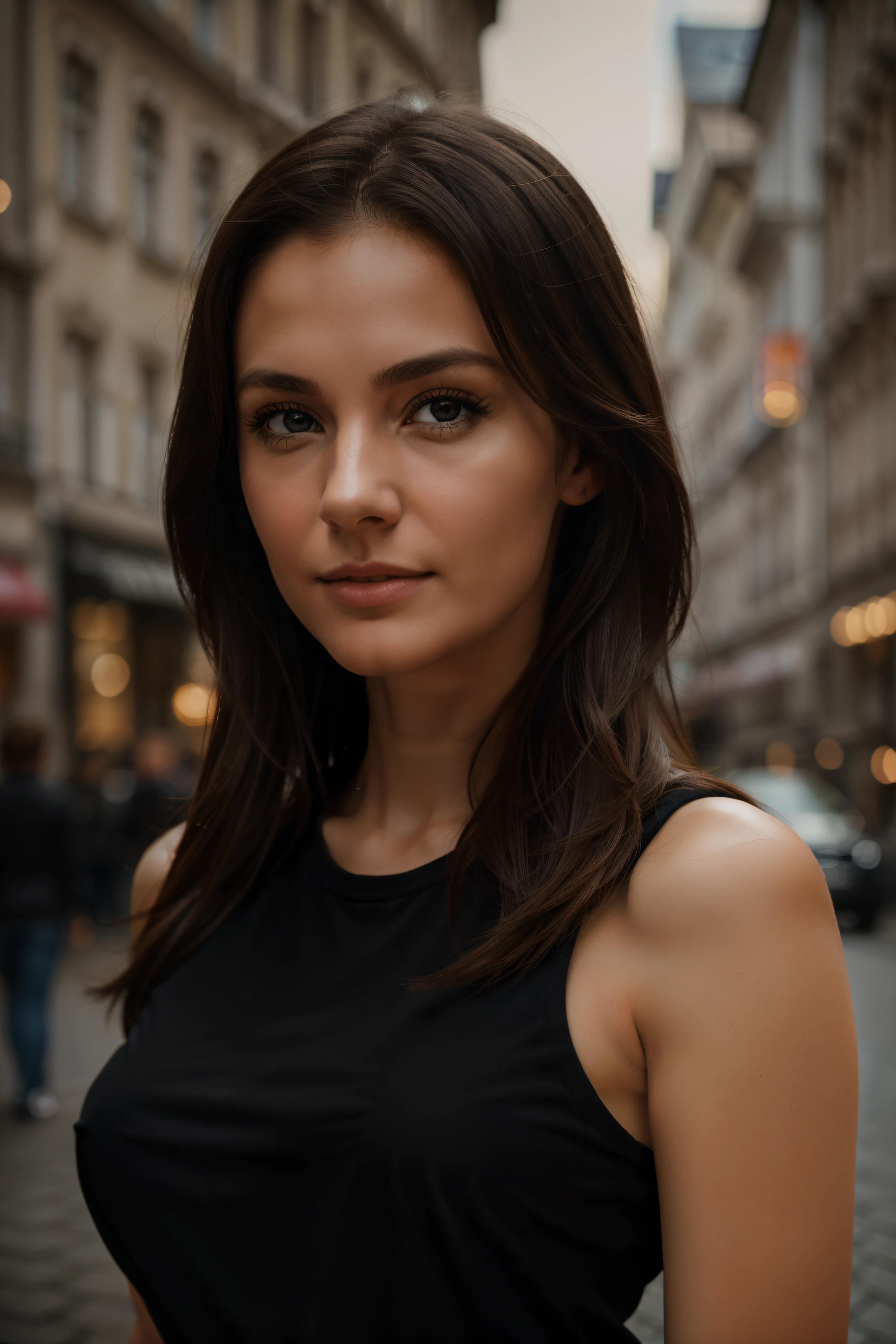 Photography of a stunning girl, in der Stadt, wearing a black t-shirt, enjoying, Kizi, Sommer, Hot Girl, (((mittlere Oberweite))), brunette hair, lang_Haar, schaut in die Kamera, symmetrisches Gesicht, fotorealistisch, Fotografie, spectacular lighting,, splendid, westlich, (Masterpice), best quality, high resolution, Extrem detailliert, Haut mit Poren, verschwommener Hintergrund, Depth of field, Filmische Beleuchtung