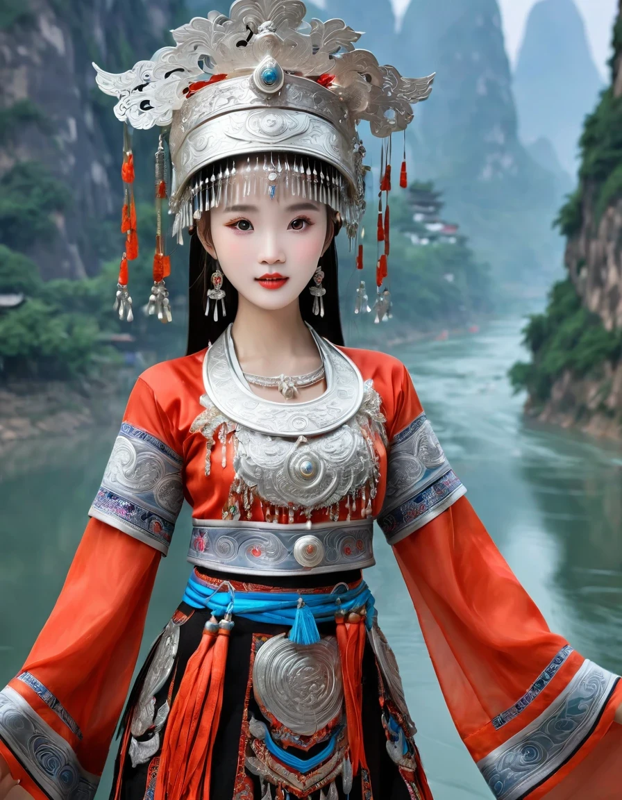 (best quality,8K,masterpiece:1.2),landscape background,Lijiang River mist and rain,Beautiful karst landforms,Astonishing,Inspired by the myths and legends of Guilin, China:Liu Sanjie,Gorgeous Chinese girl,Queen,Detailed skin details,Bright Eyes,Gorgeous eyelashes,Dance alone,looking at the audience,minority:1.5,Silver jewelry:1.2,silver hat crown:1.5,silver tassel:1.37,silver necklace,Silver texture,brilho prata,Upper body,long sleeve,dark ethnic wear,long skirt:1.2,waist,Black and red linen fabric details,Characteristics of Miao costumes,totem)